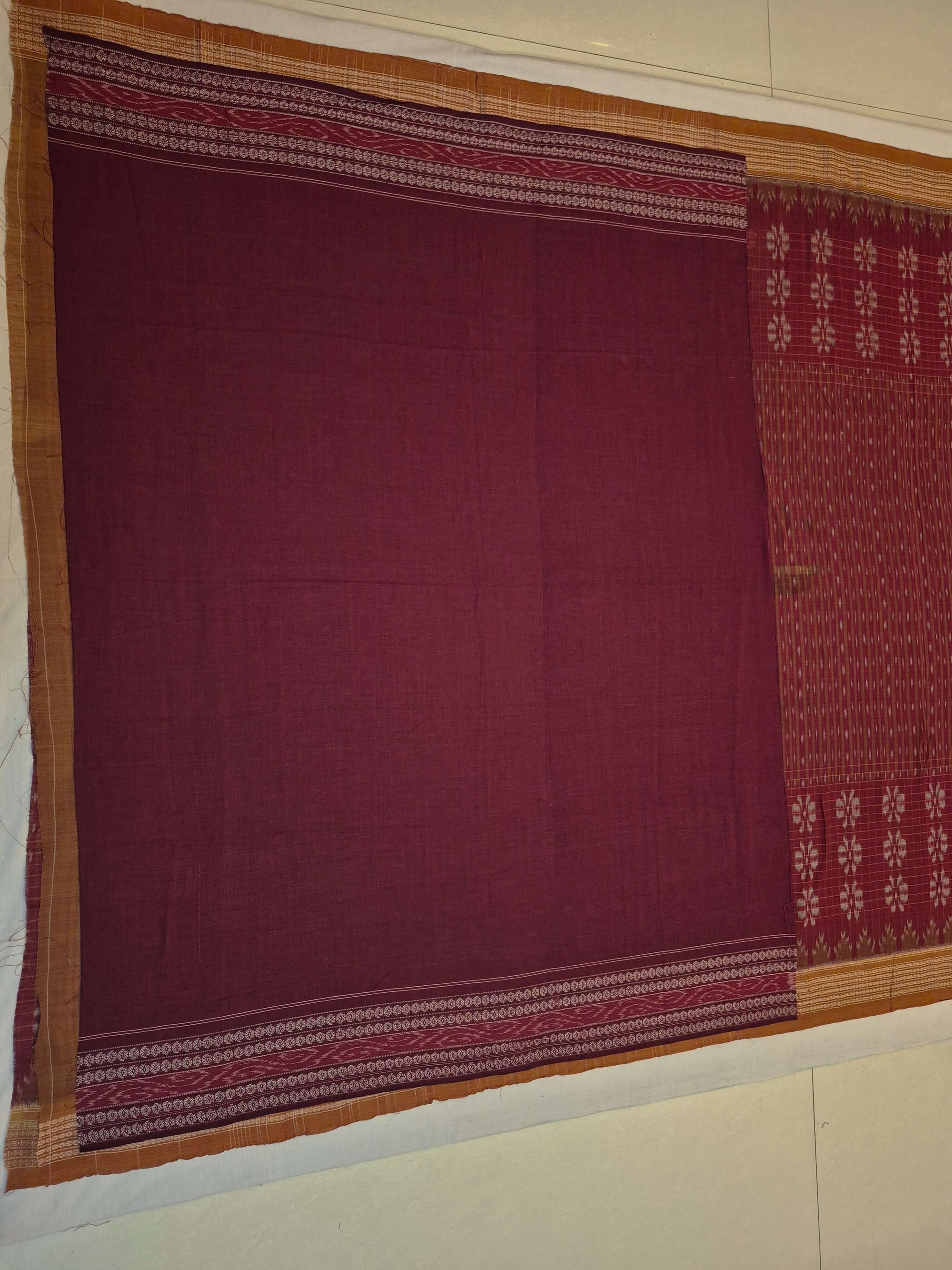 Maroon Sambalpuri Cotton Saree with cotton ikat blouse piece