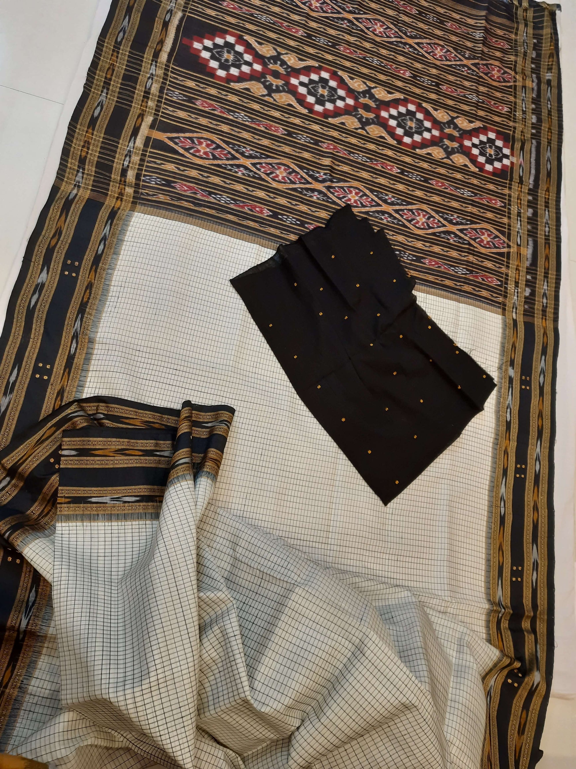 Offwhite Black Sachipar Khandua Pata Silk Saree with cotton ikat blouse piece