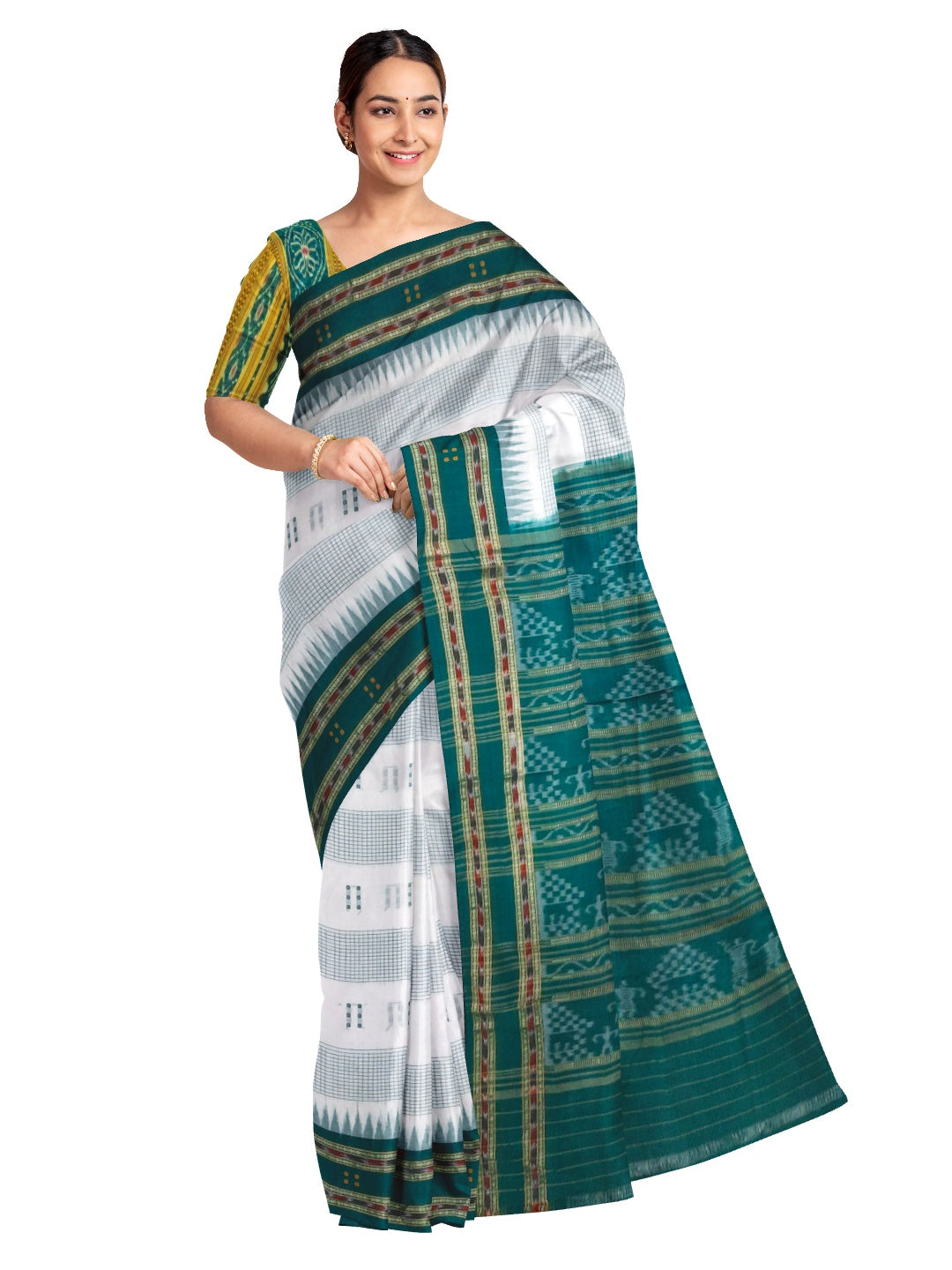 White with Green buti Cotton Odisha Ikat saree with mix match cotton ikat blouse