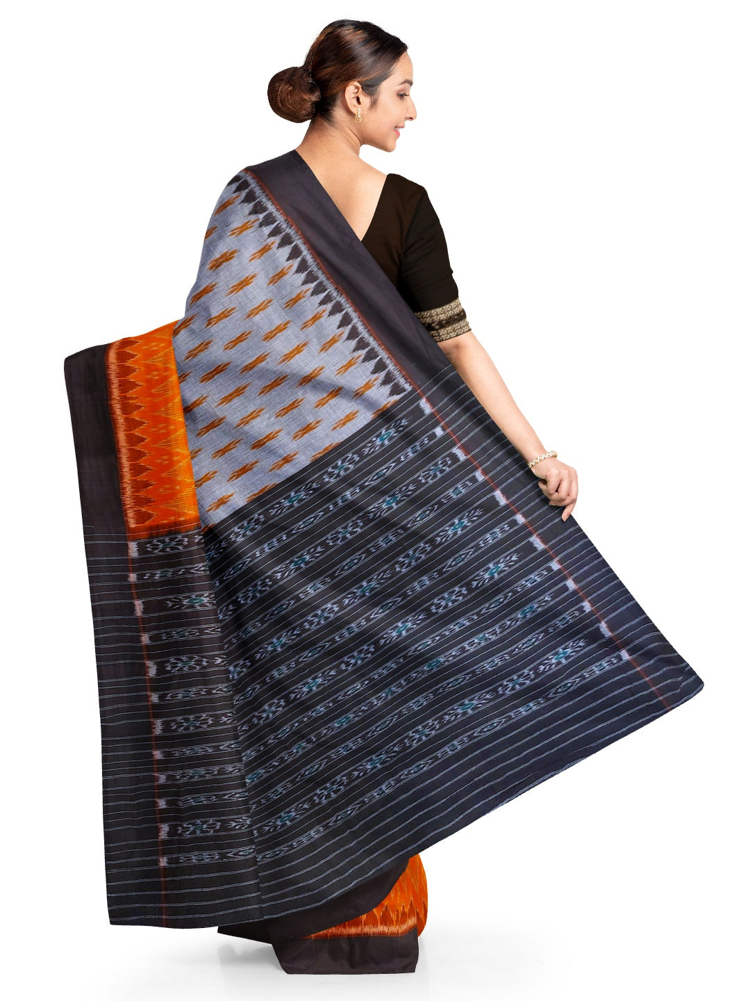 Grey Orange half half colored body Odisha Ikat saree with cotton ikat blouse piece
