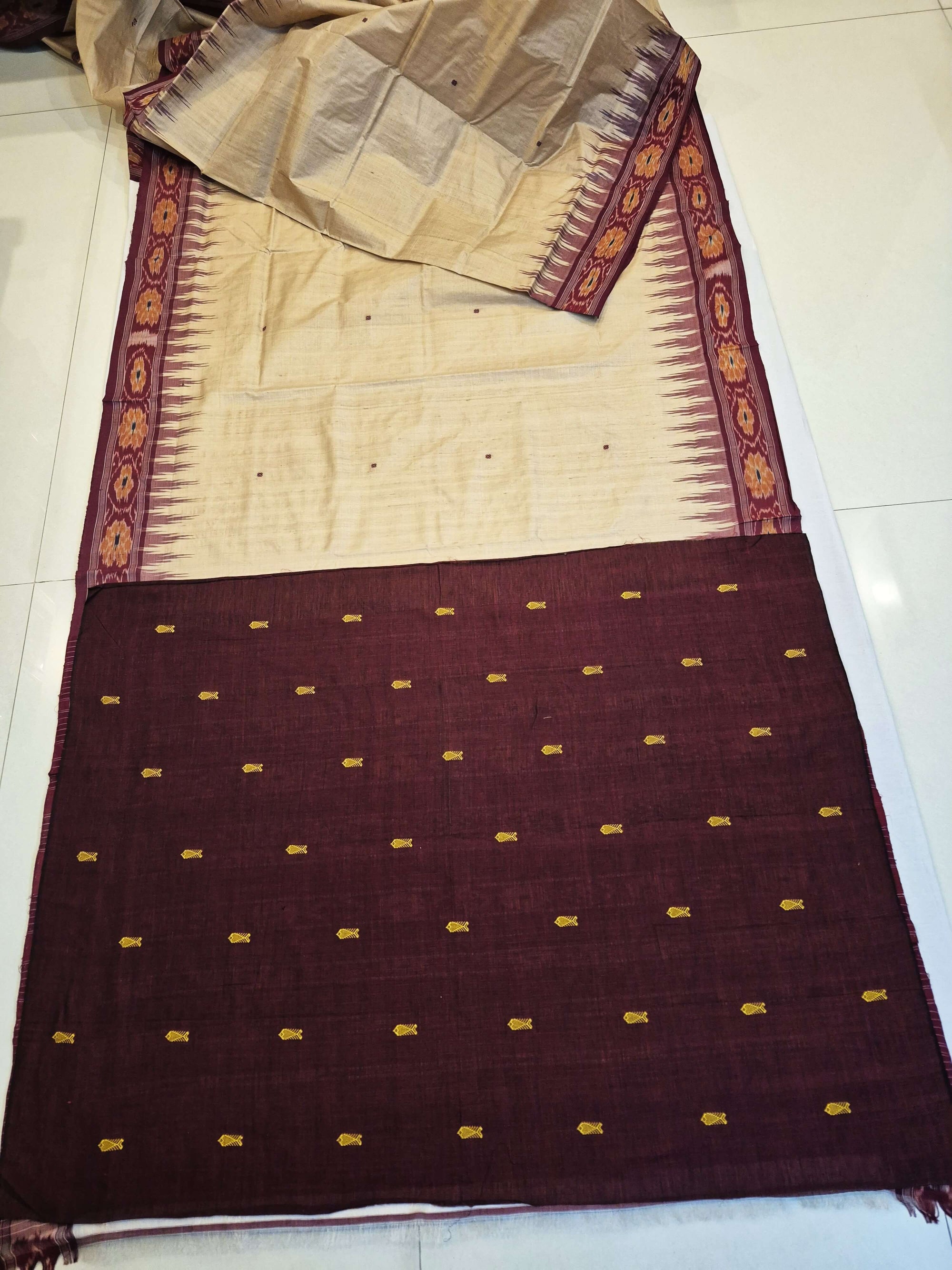 Beige with Maroon Tussar Silk Odisha Ikat Saree paired with cotton ikat blouse piece
