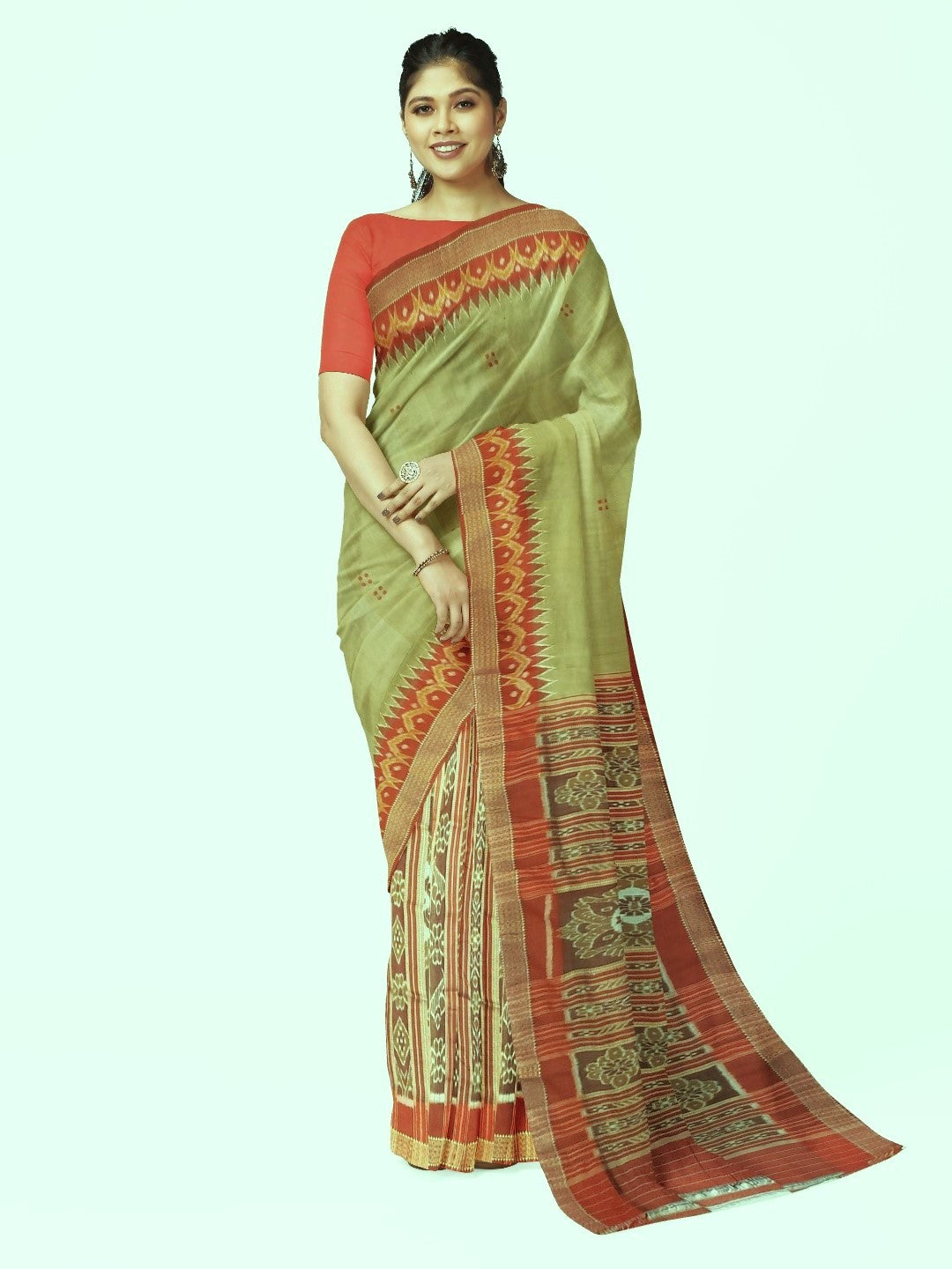 Light Greenish Beige Patli Pleats Odisha Khandua Pata Silk Saree
