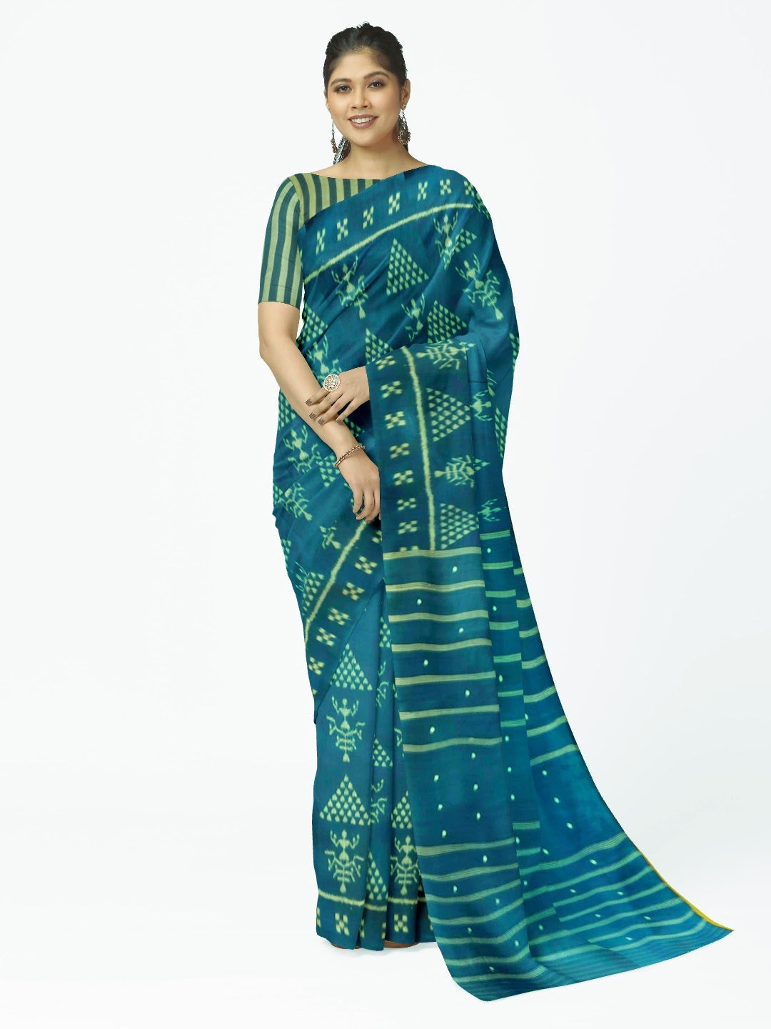 Blue Tribal motifs Odisha Khandua Pata Silk Saree with running blouse piece