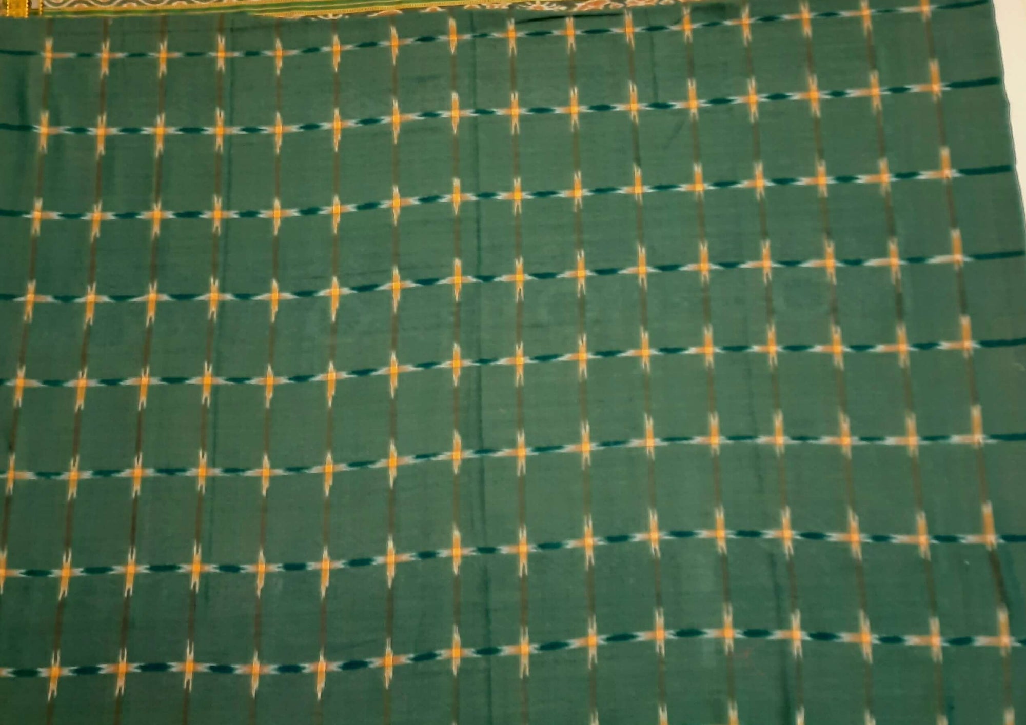 Beige with Green Odisha Khandua Pata Silk Saree with cotton ikat blouse piece