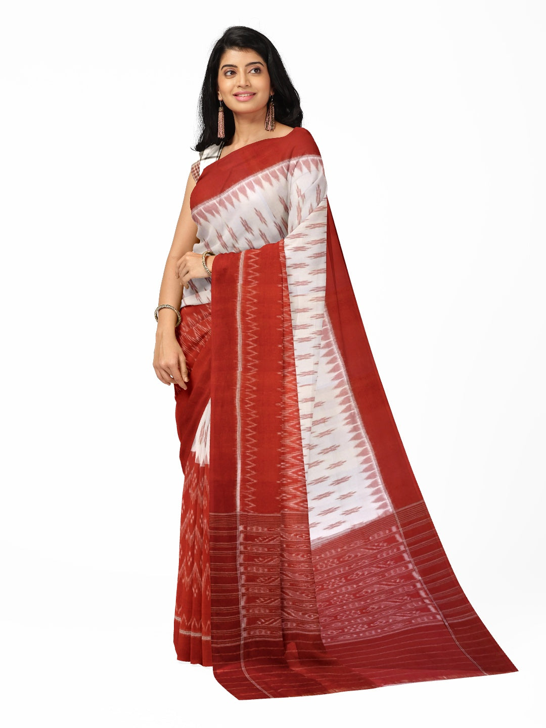 White and Red Cotton Odisha Ikat saree  with mix match cotton ikat blouse