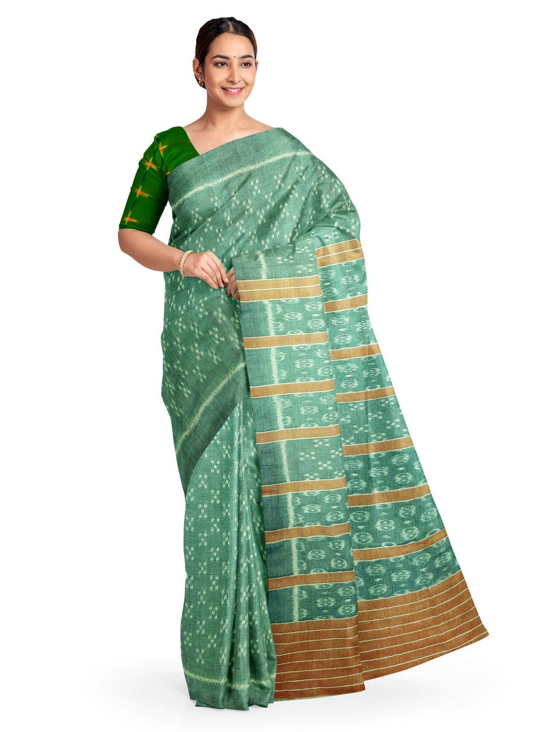 Green Cotton Odisha Ikat saree with mix match cotton ikat blouse piece