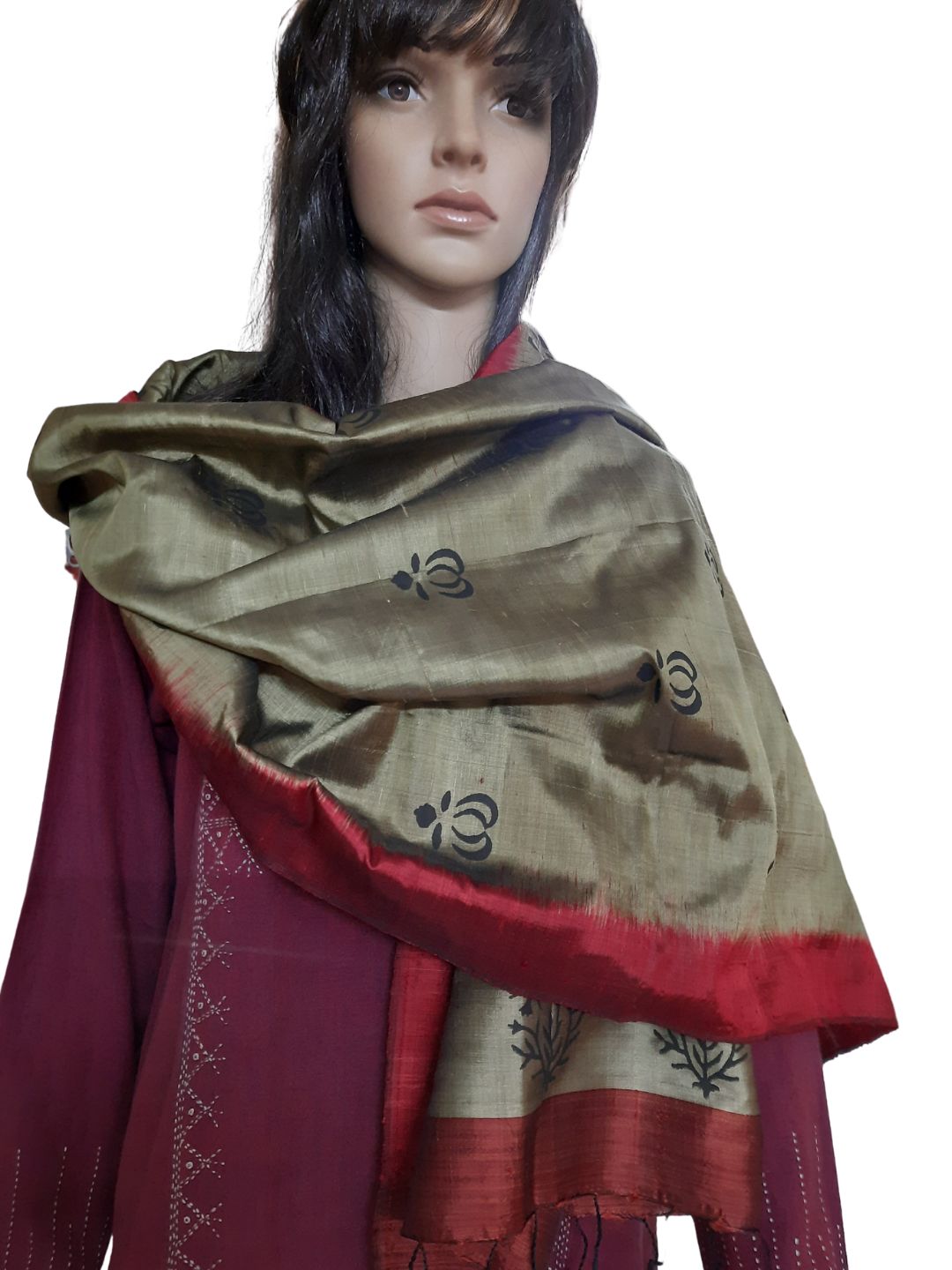 Grey with Maroon mulberry silk stole with hand blocked motifs
