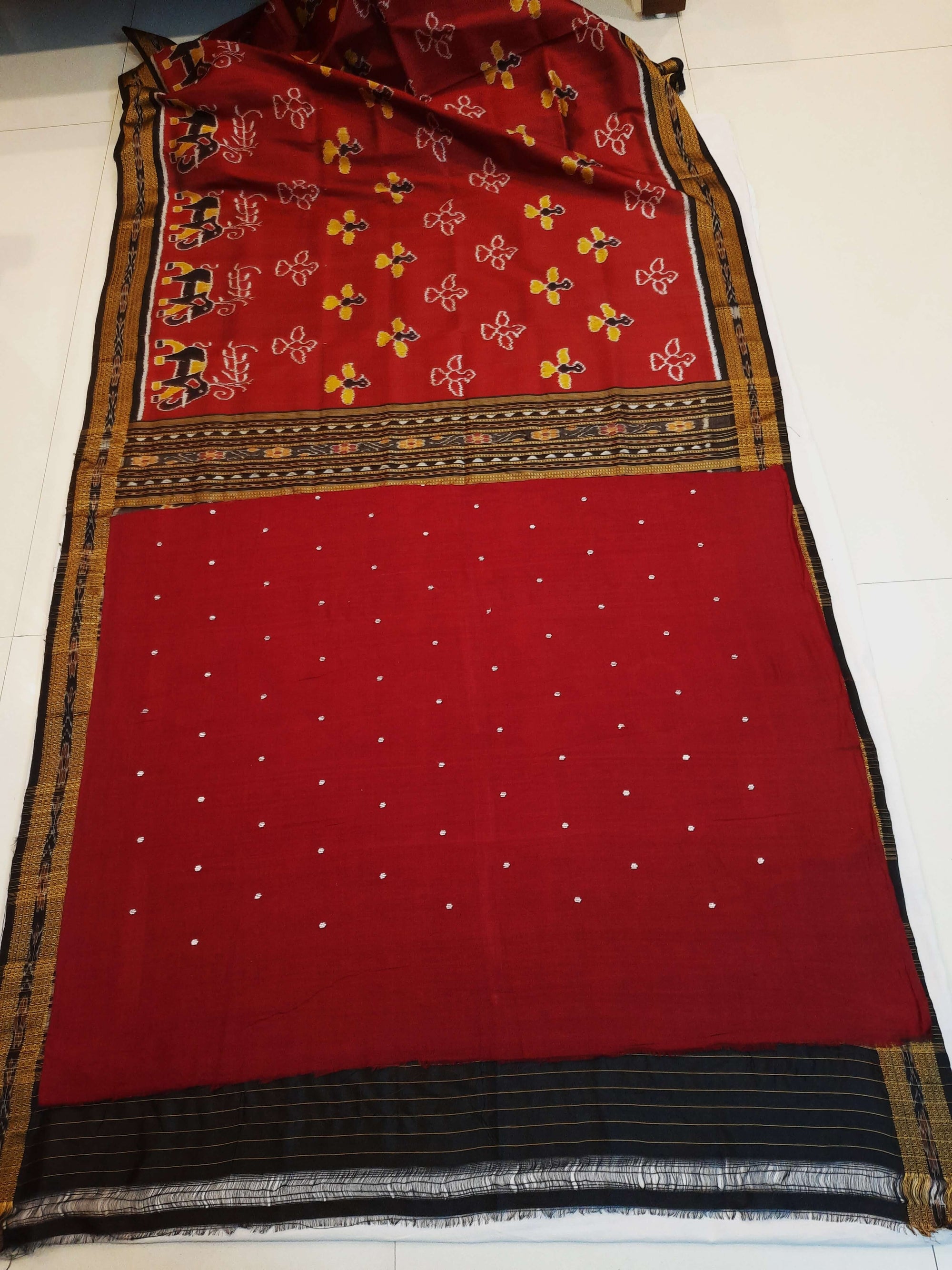 Maroon Odisha Khandua Pata Silk Saree with cotton ikat blouse piece