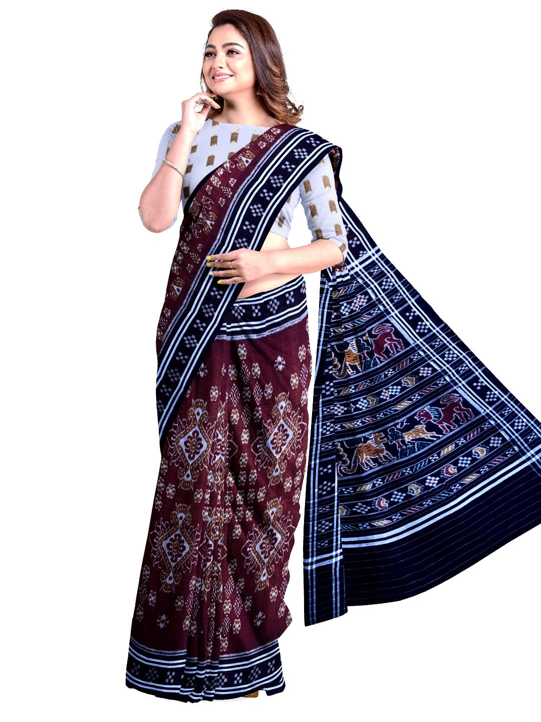 Maroon with black Cotton Odisha Ikat saree  with mix match cotton ikat blouse