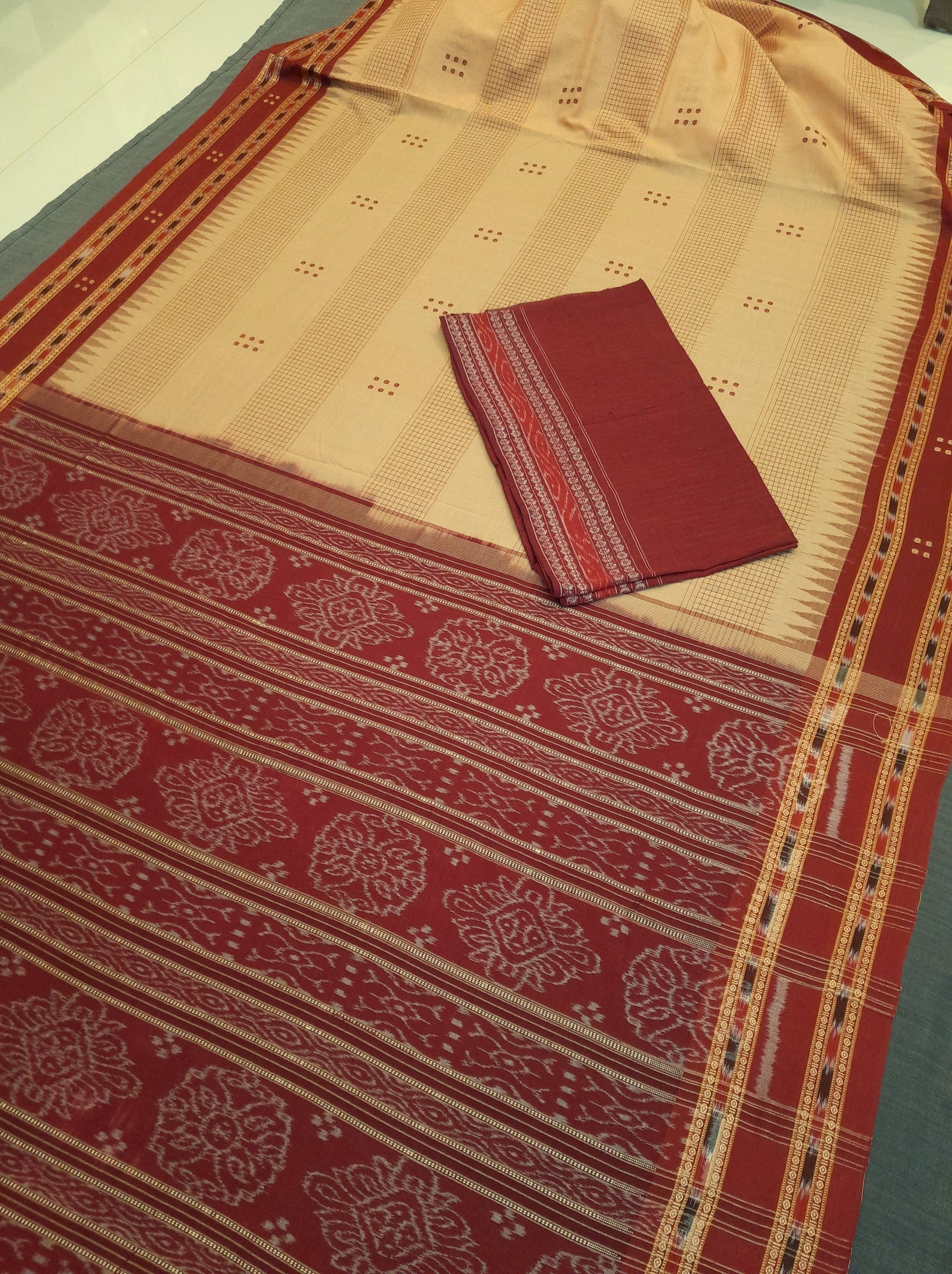 Beige Maroon buti Cotton Odisha Ikat saree with mix match cotton ikat blouse