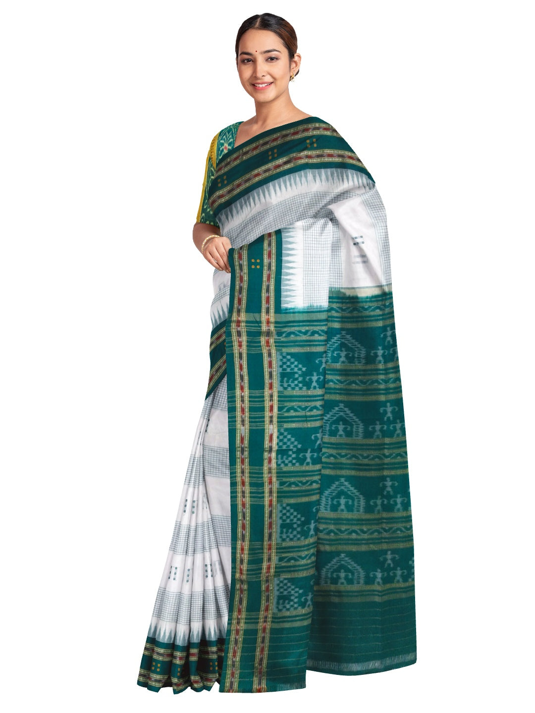 White with Green buti Cotton Odisha Ikat saree with mix match cotton ikat blouse