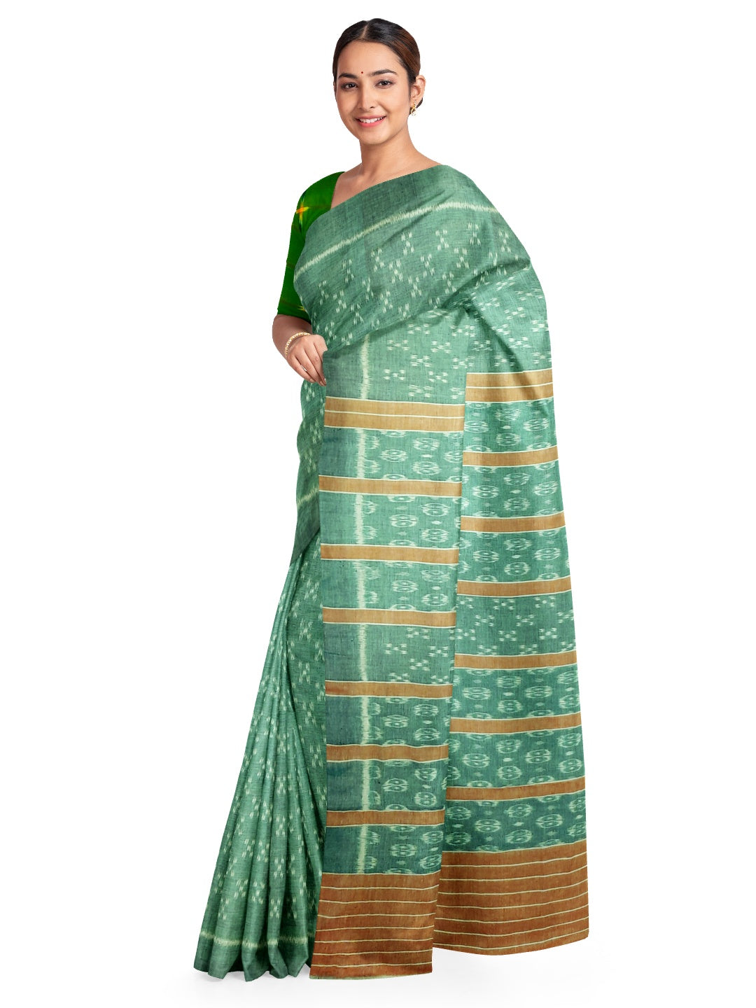Green Cotton Odisha Ikat saree with mix match cotton ikat blouse piece