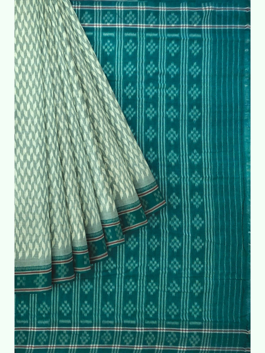 Off_White with Green Cotton Odisha Ikat saree with mix match cotton ikat blouse piece
