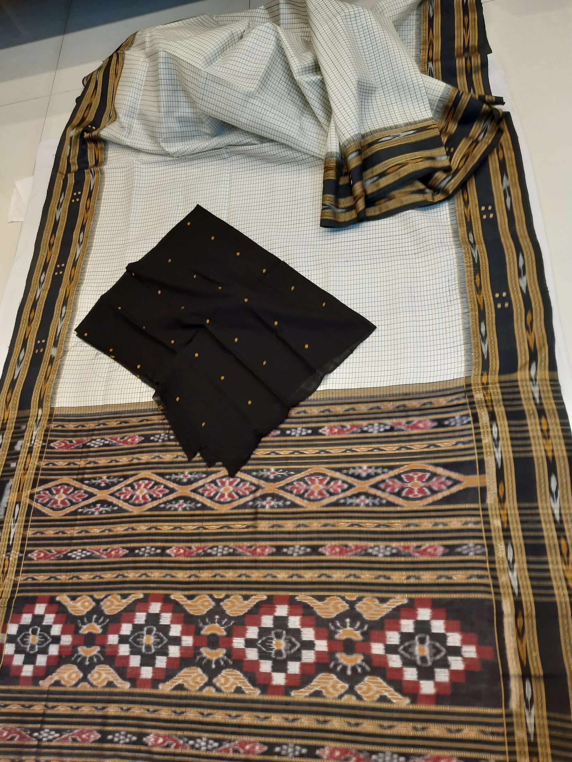 Offwhite Black Sachipar Khandua Pata Silk Saree with cotton ikat blouse piece