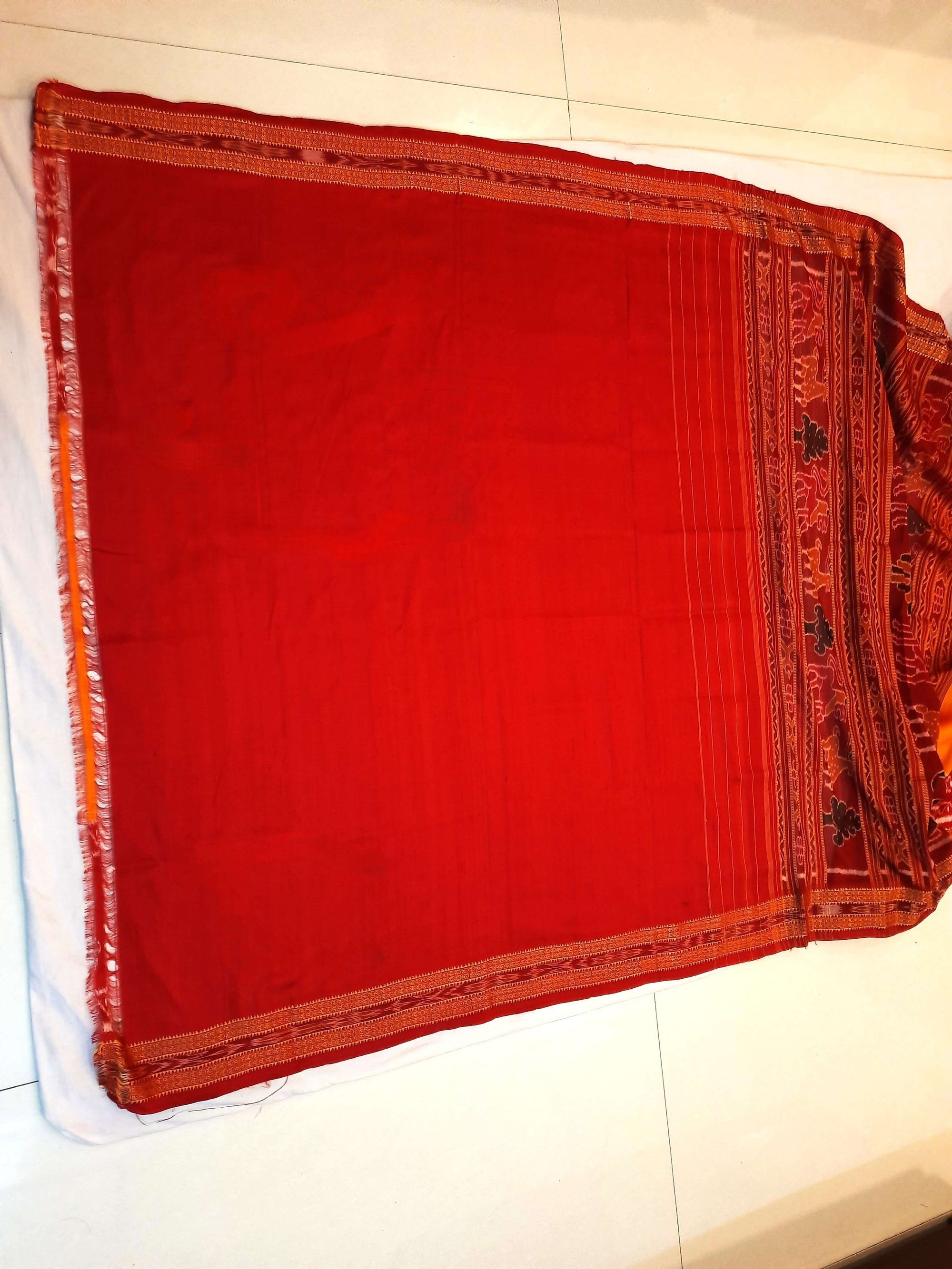 Yellow Red Odisha Khandua Pata Silk Saree with running blouse piece