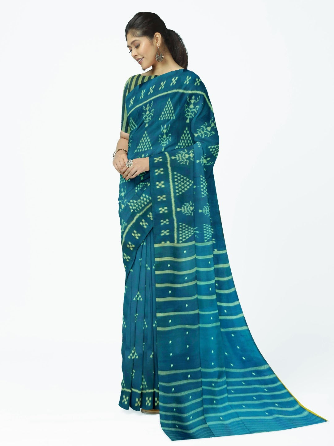 Blue Tribal motifs Odisha Khandua Pata Silk Saree with running blouse piece