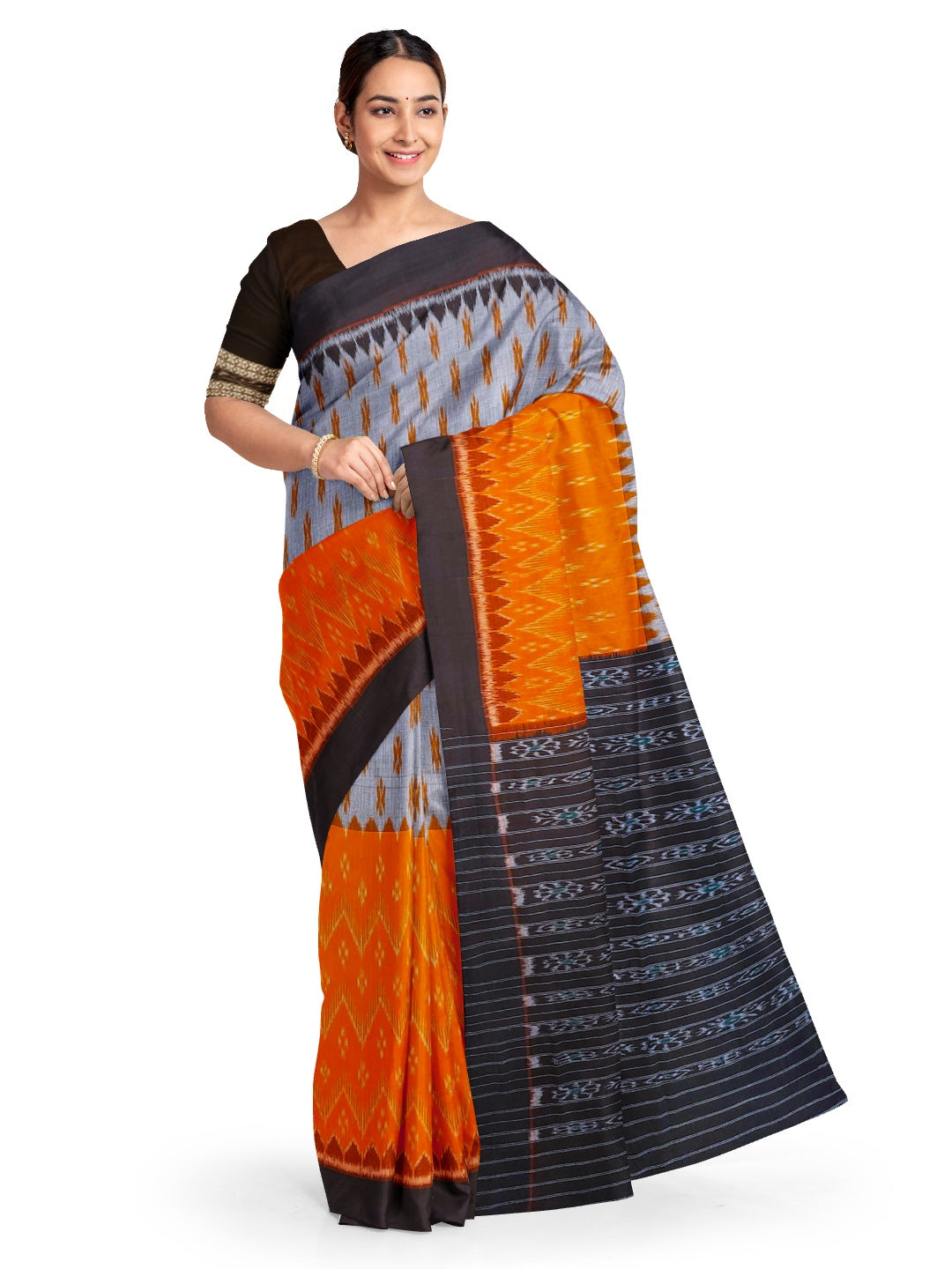 Grey Orange half half colored body Odisha Ikat saree with cotton ikat blouse piece