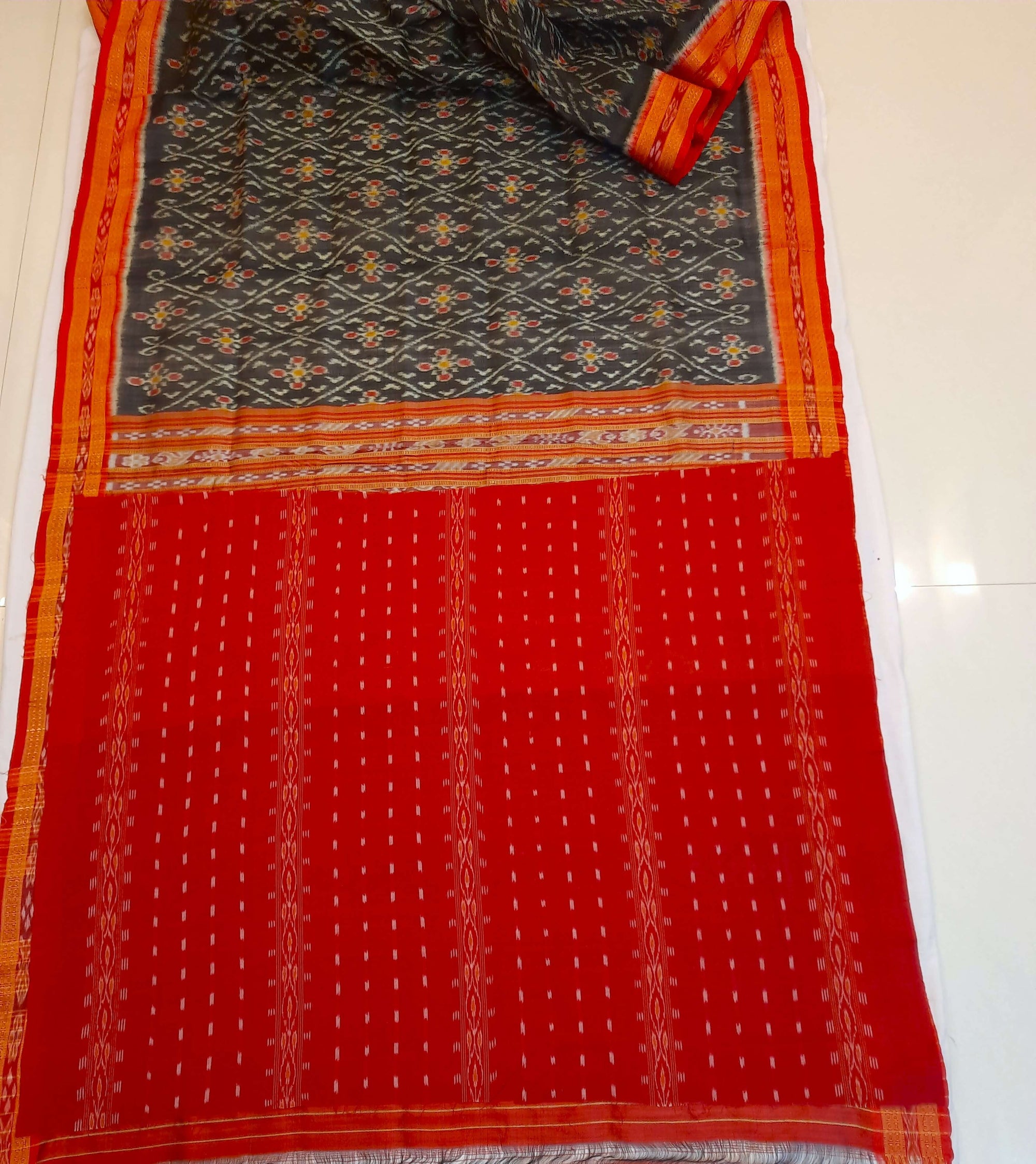 Black with Red Border Odisha Khandua Pata Silk Saree with cotton ikat blouse piece