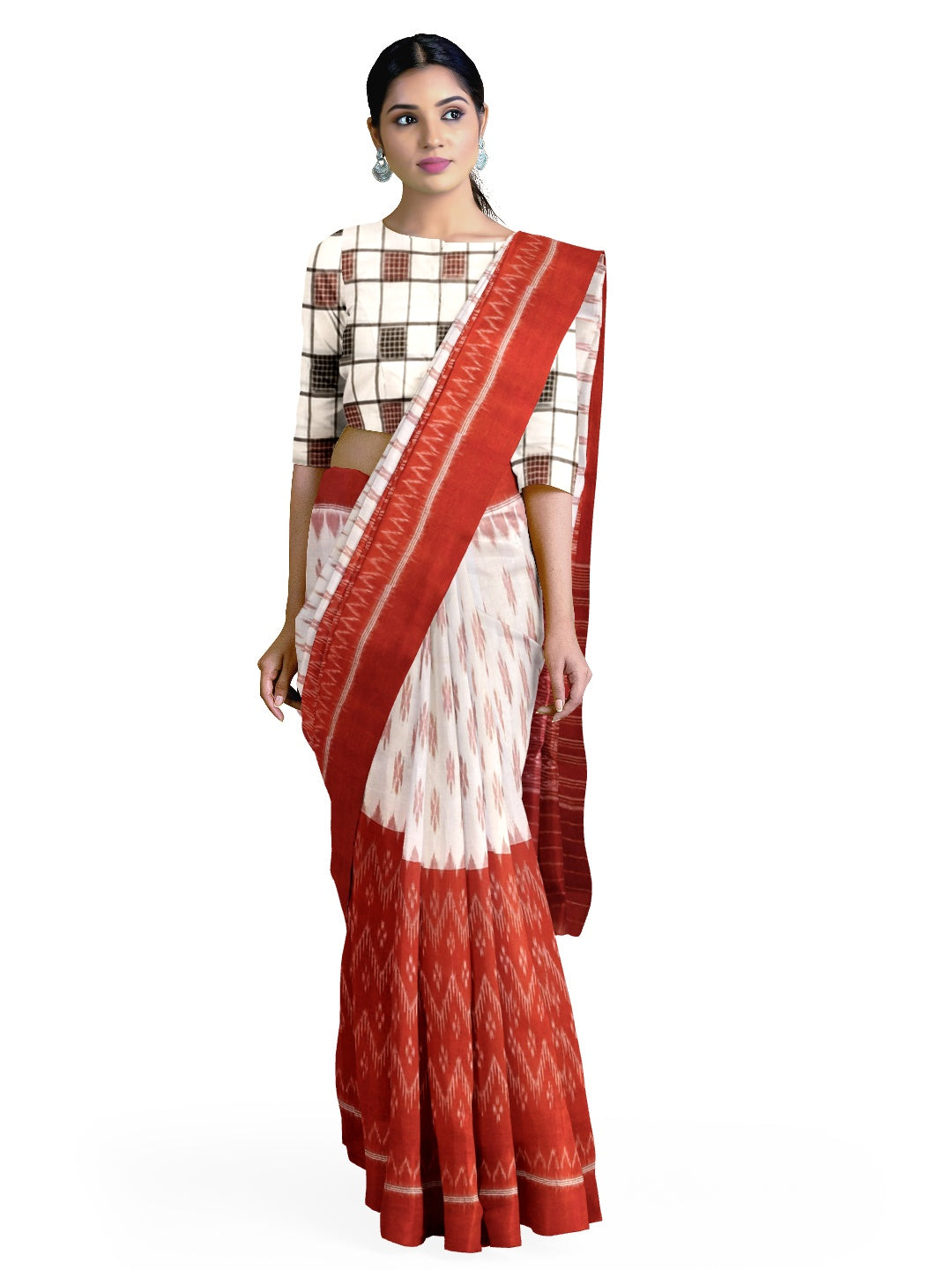 White and Red Cotton Odisha Ikat saree  with mix match cotton ikat blouse