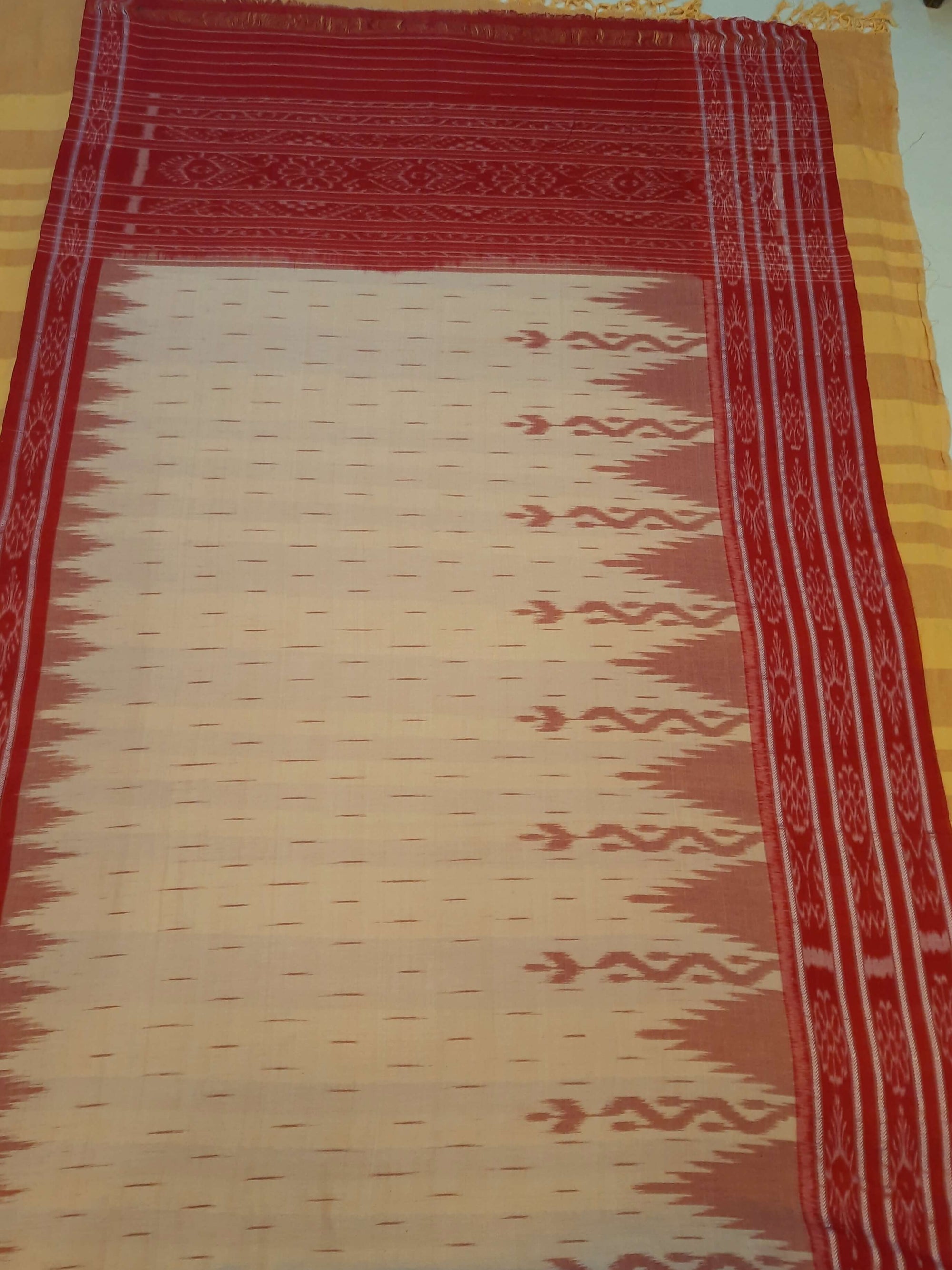 Beige wide border Cotton Odisha Ikat saree  with mix match cotton ikat blouse