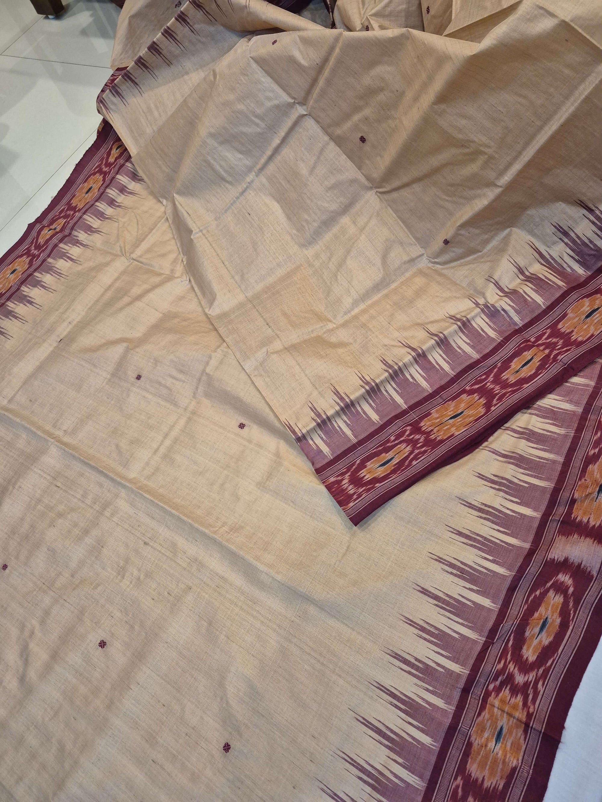 Beige with Maroon Tussar Silk Odisha Ikat Saree paired with cotton ikat blouse piece