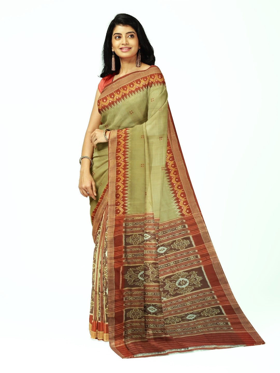 Light Greenish Beige Patli Pleats Odisha Khandua Pata Silk Saree