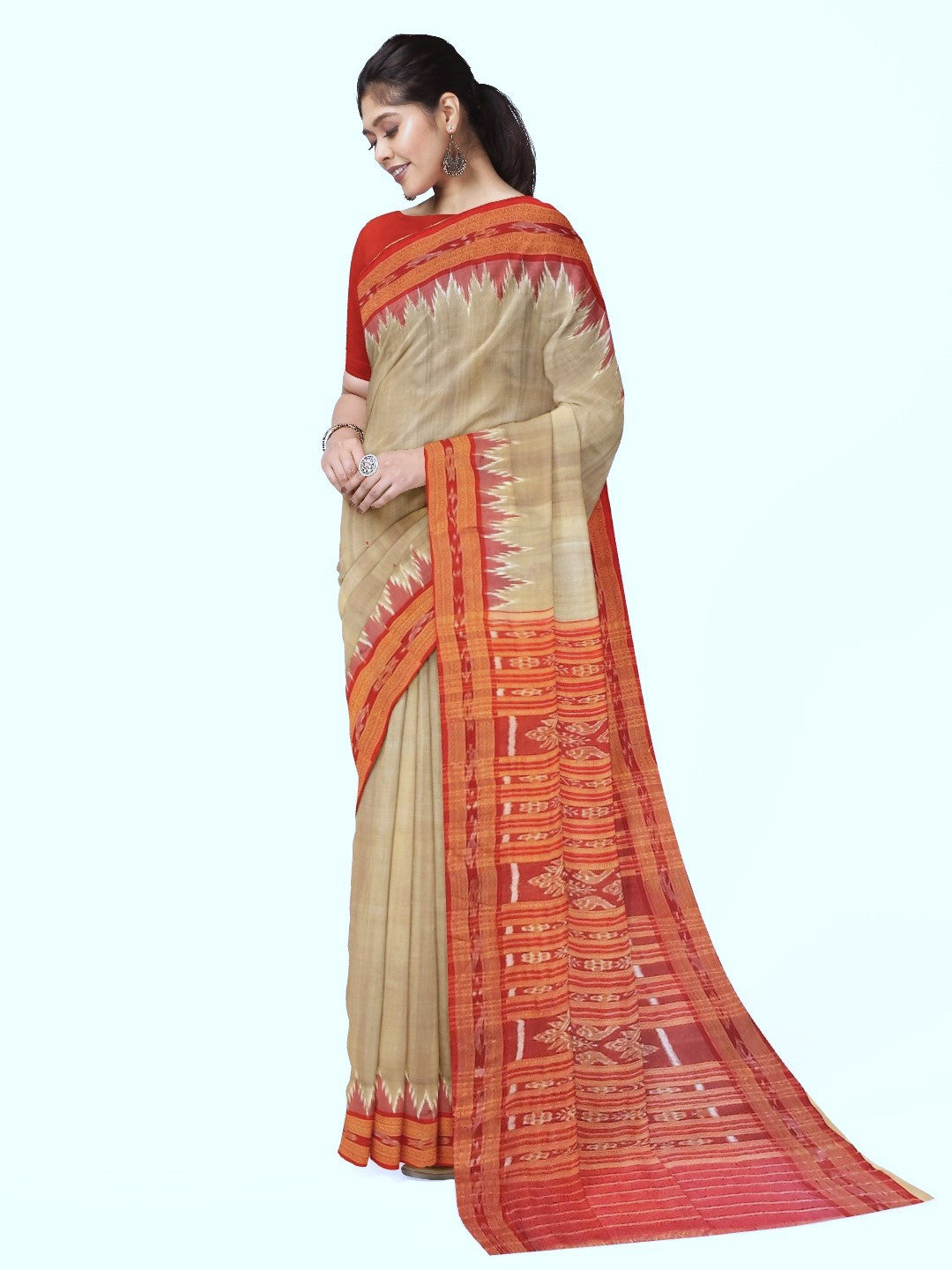 Beige with Red Odisha Khandua Pata Silk Saree