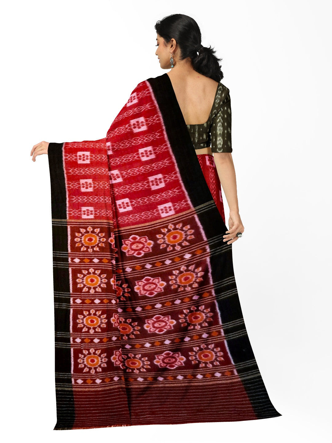 Red with Black Cotton Odisha Ikat saree  with mix match cotton ikat blouse