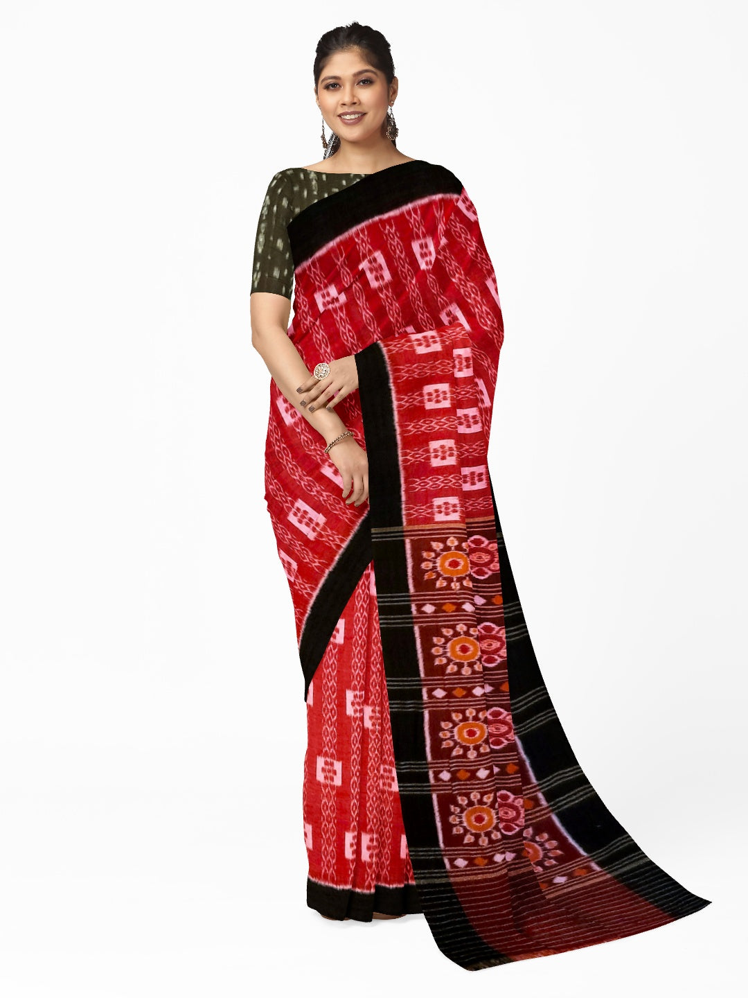 Red with Black Cotton Odisha Ikat saree  with mix match cotton ikat blouse