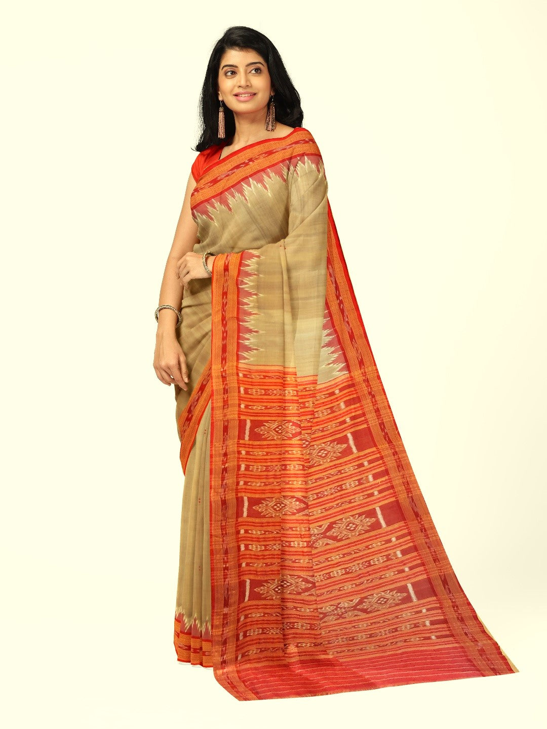 Beige with Red Odisha Khandua Pata Silk Saree