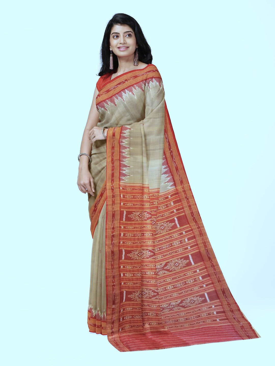 Beige with Red Odisha Khandua Pata Silk Saree