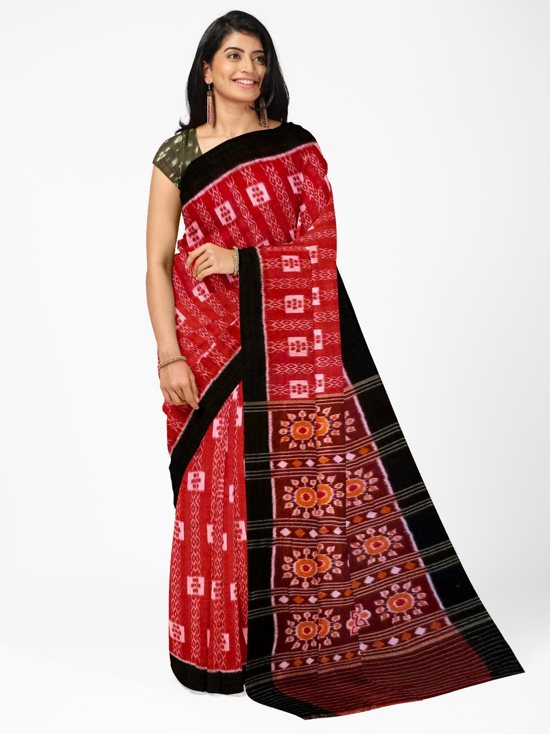 Red with Black Cotton Odisha Ikat saree  with mix match cotton ikat blouse