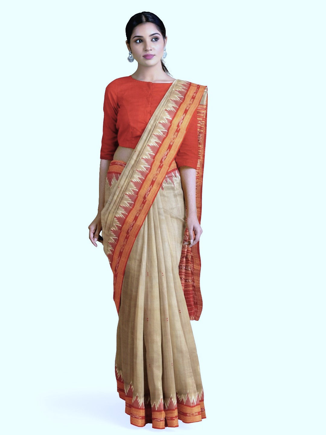 Beige with Red Odisha Khandua Pata Silk Saree