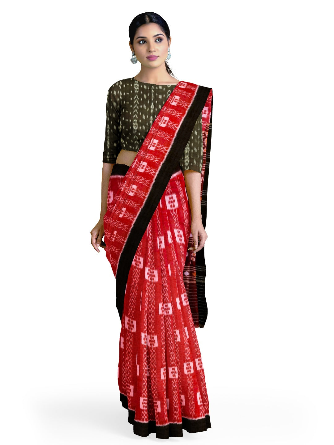 Red with Black Cotton Odisha Ikat saree  with mix match cotton ikat blouse