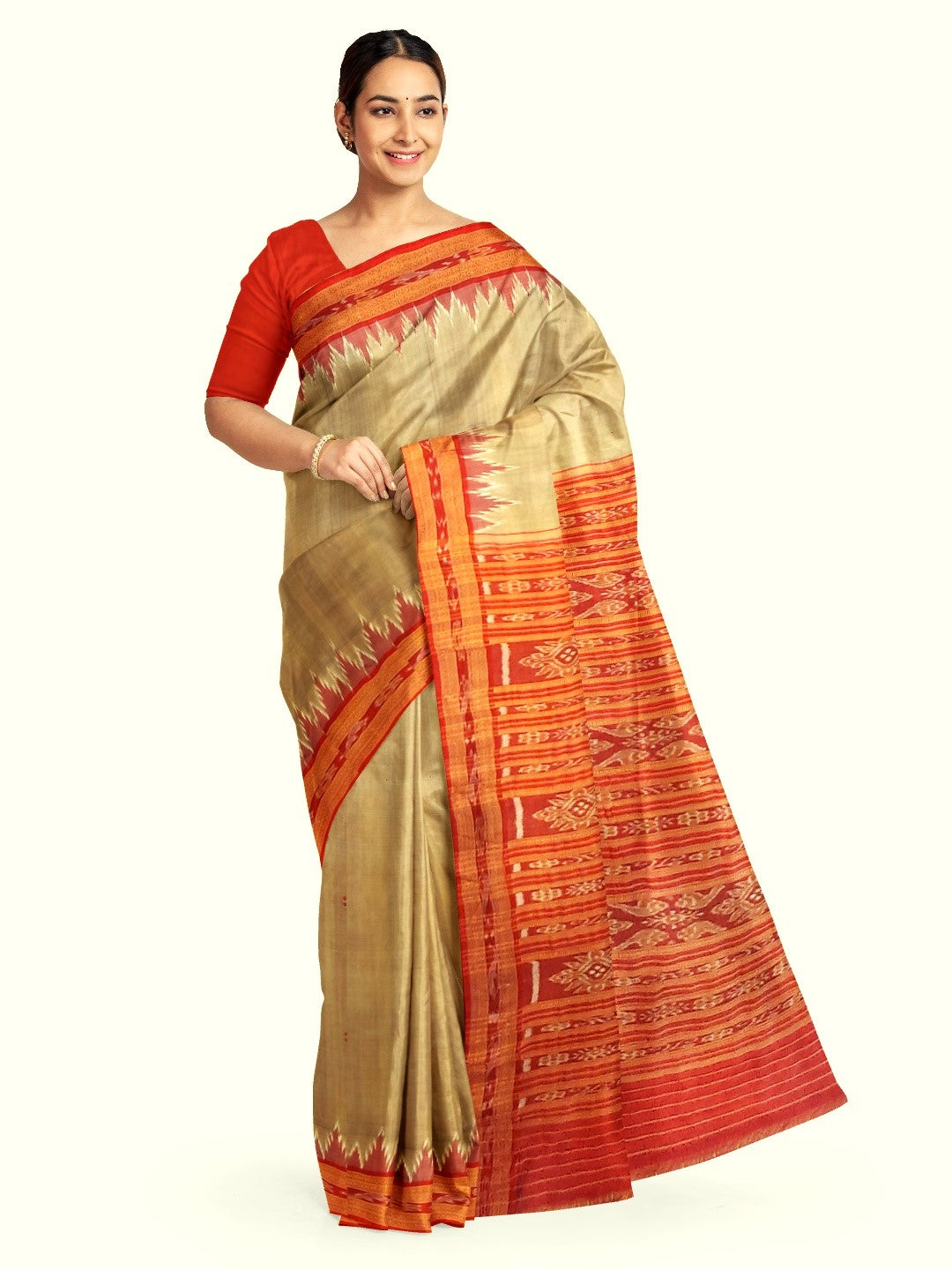 Beige with Red Odisha Khandua Pata Silk Saree