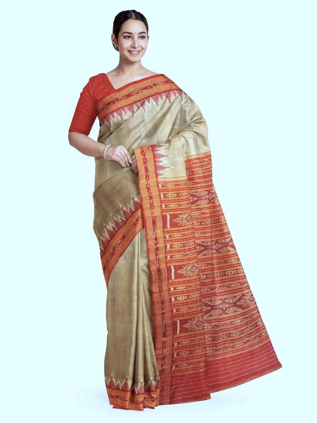 Beige with Red Odisha Khandua Pata Silk Saree