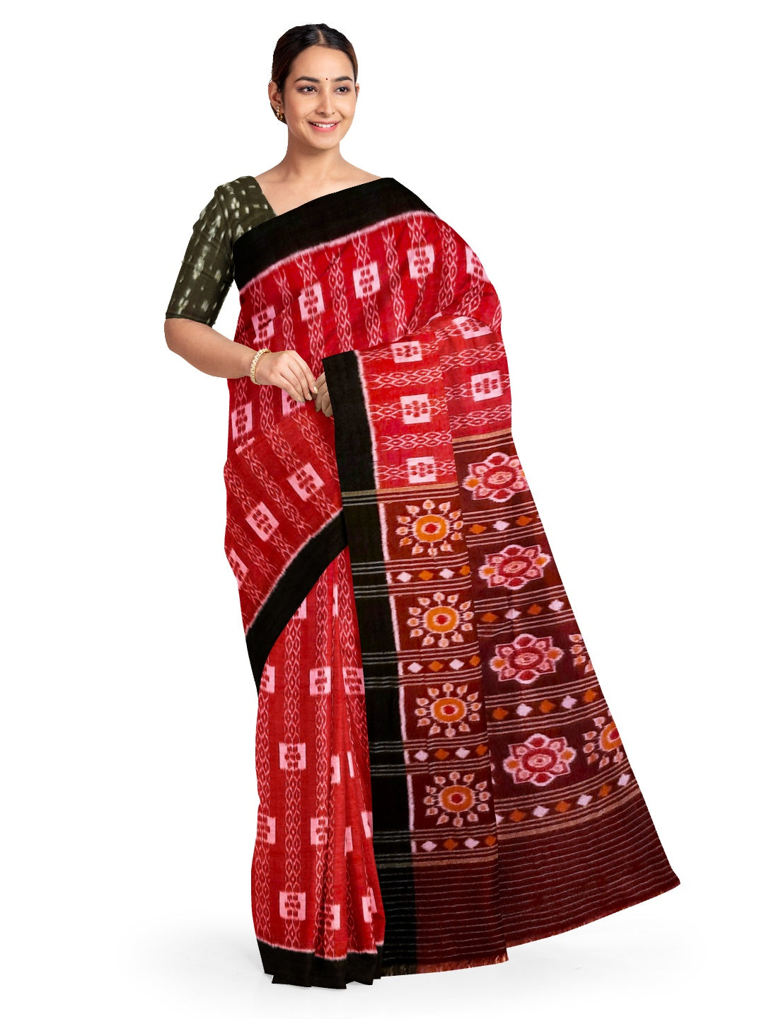 Red with Black Cotton Odisha Ikat saree  with mix match cotton ikat blouse