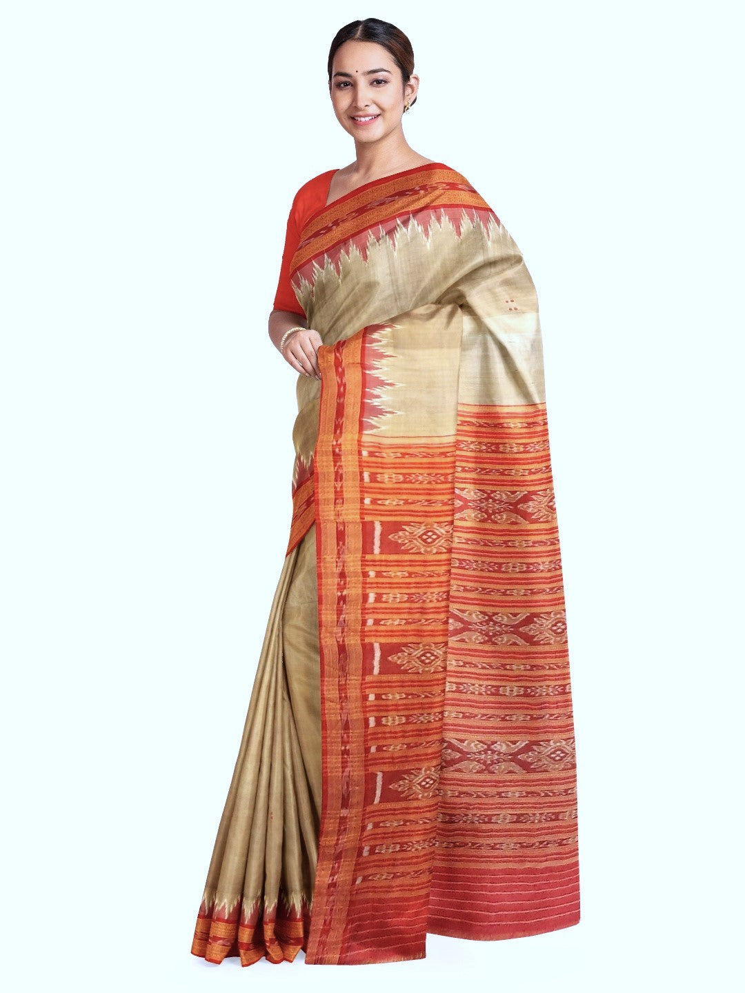 Beige with Red Odisha Khandua Pata Silk Saree