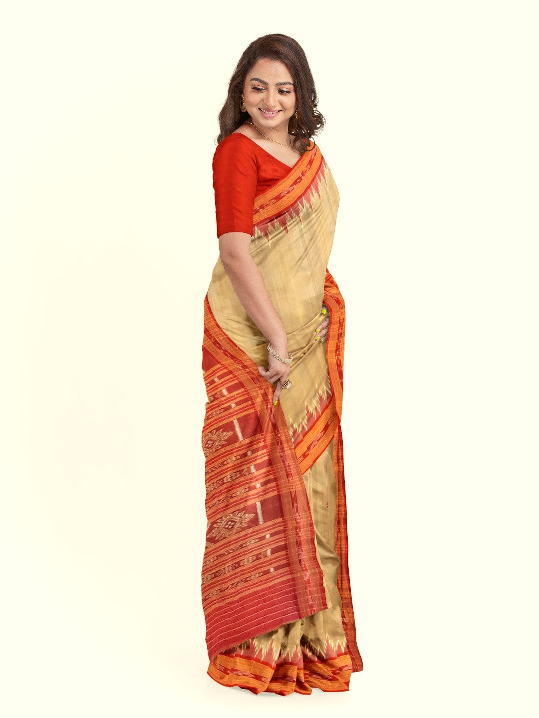 Beige with Red Odisha Khandua Pata Silk Saree