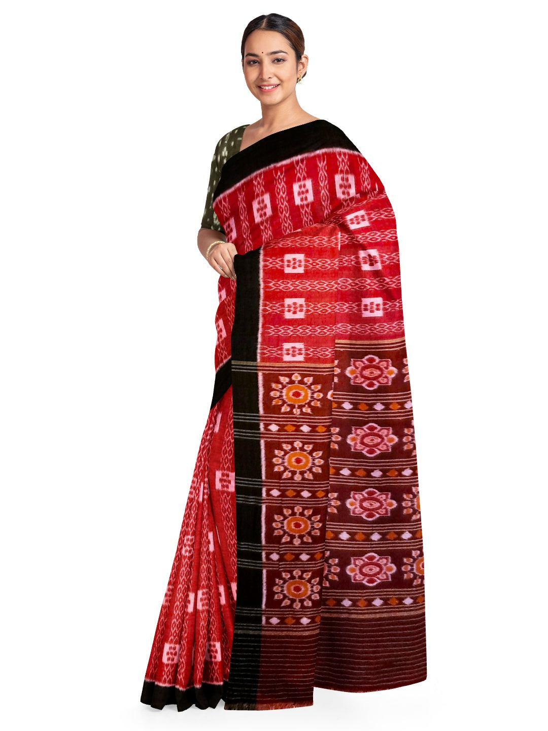 Red with Black Cotton Odisha Ikat saree  with mix match cotton ikat blouse