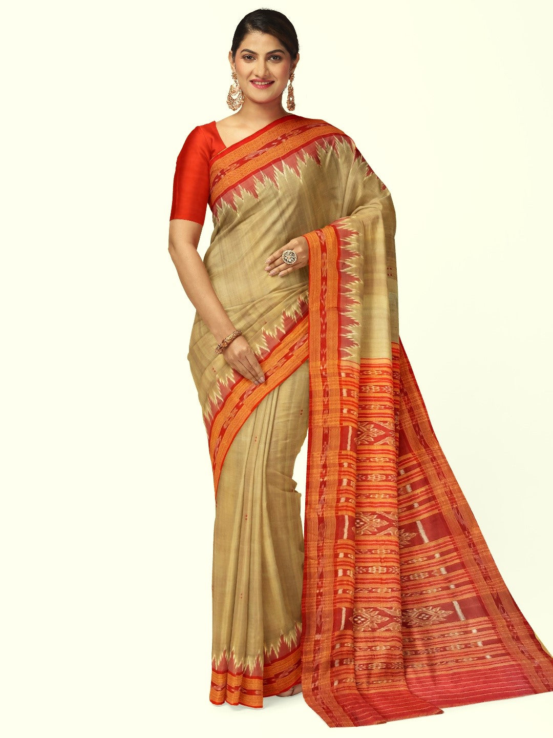 Beige with Red Odisha Khandua Pata Silk Saree