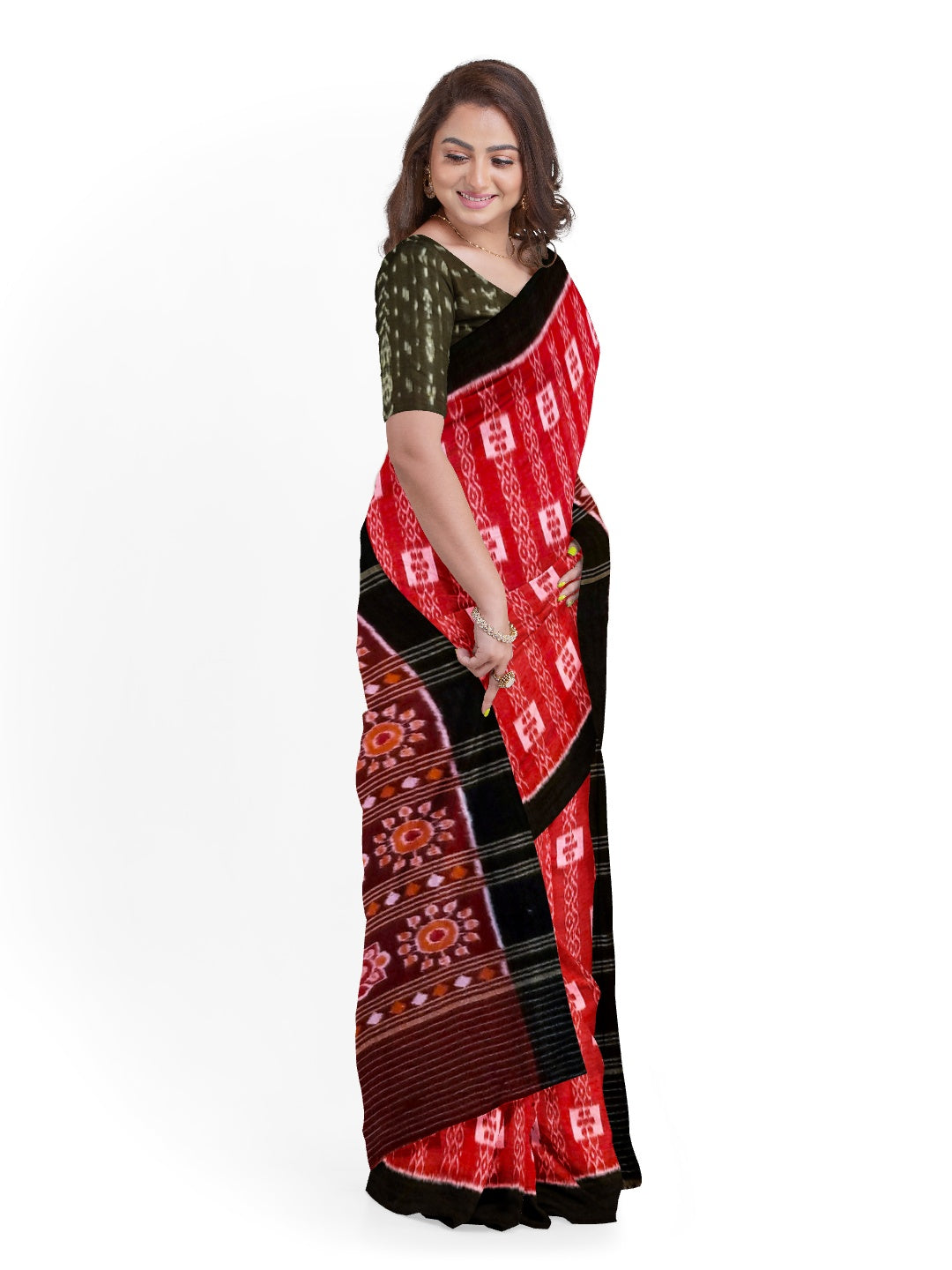 Red with Black Cotton Odisha Ikat saree  with mix match cotton ikat blouse