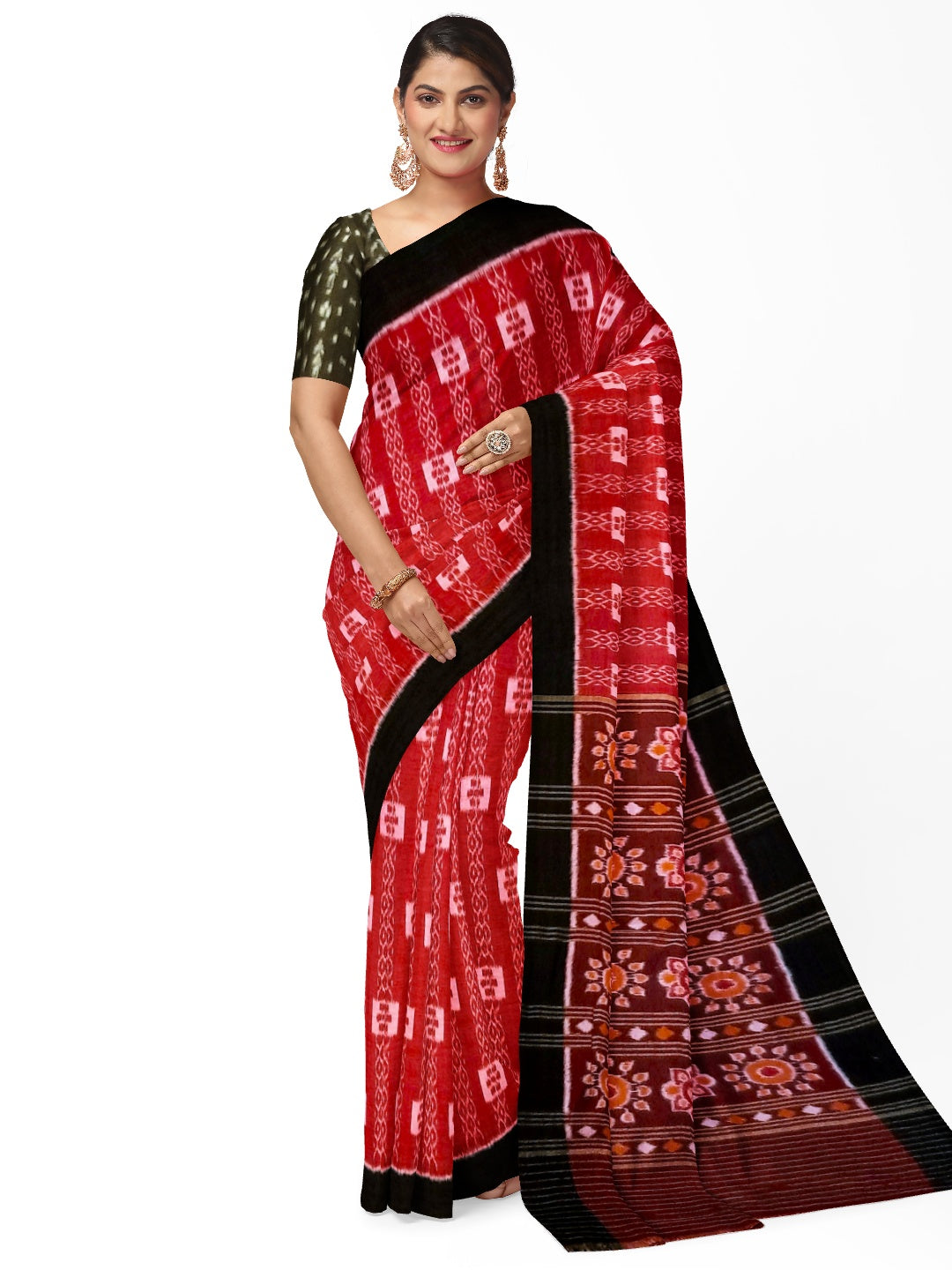 Red with Black Cotton Odisha Ikat saree  with mix match cotton ikat blouse