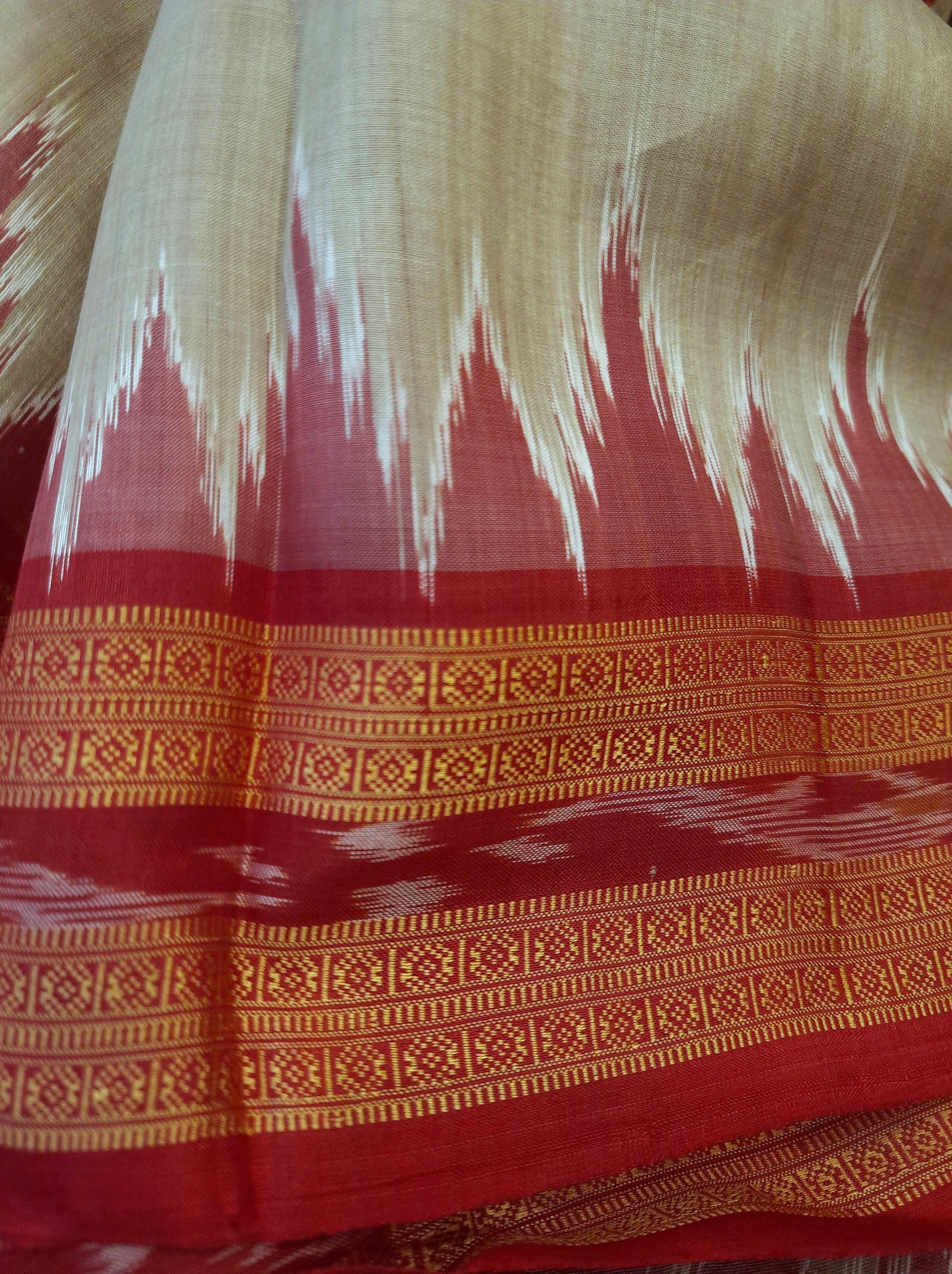 Beige with Red Odisha Khandua Pata Silk Saree