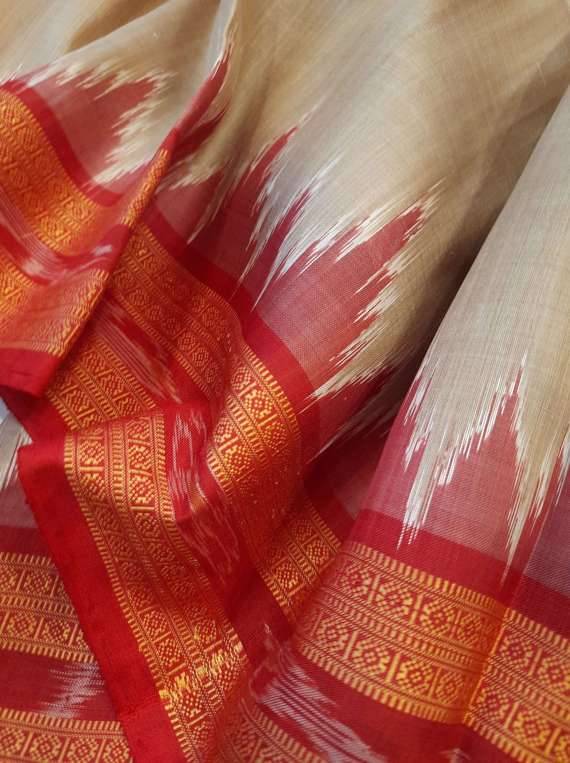 Beige with Red Odisha Khandua Pata Silk Saree