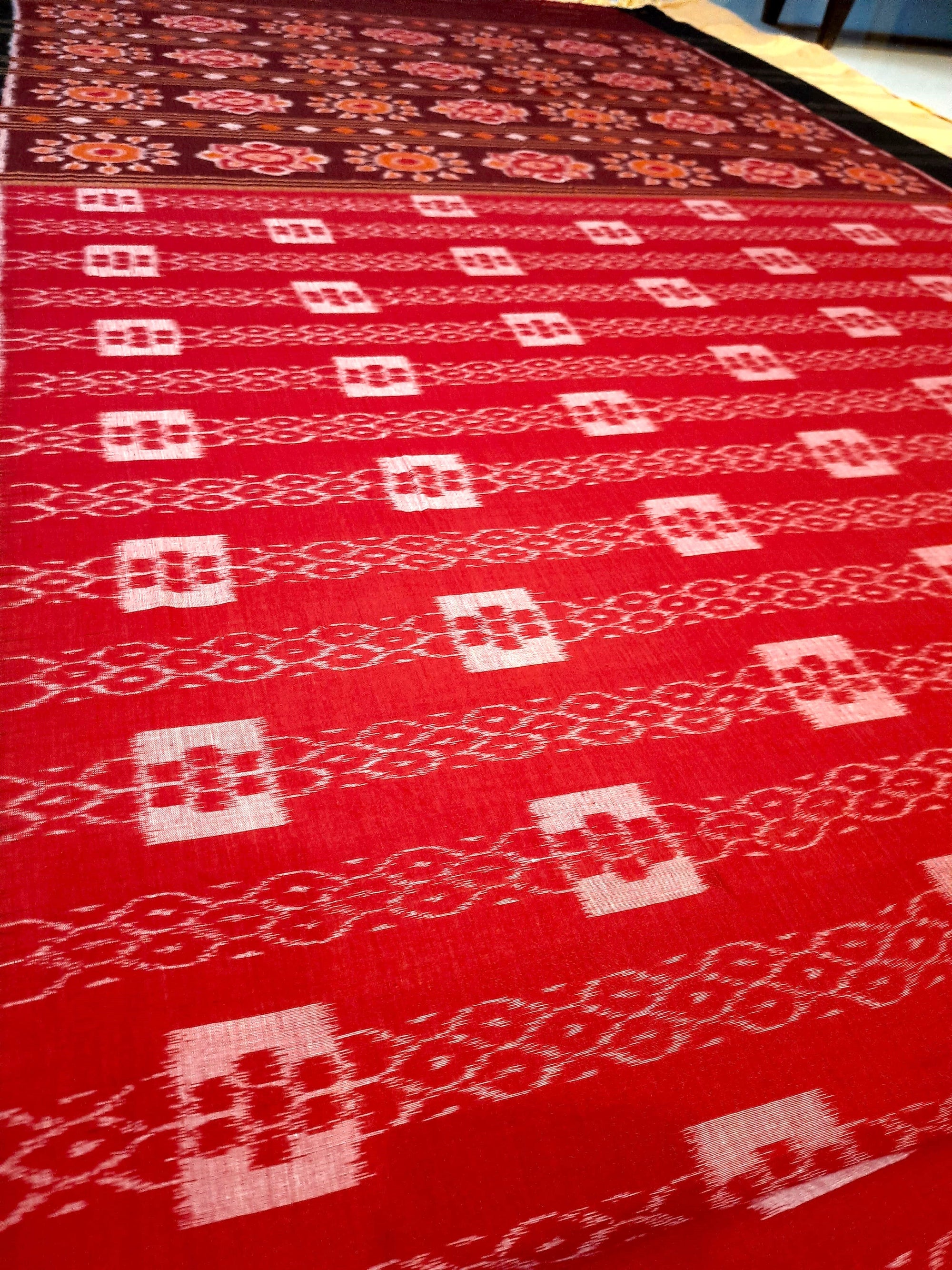 Red with Black Cotton Odisha Ikat saree  with mix match cotton ikat blouse