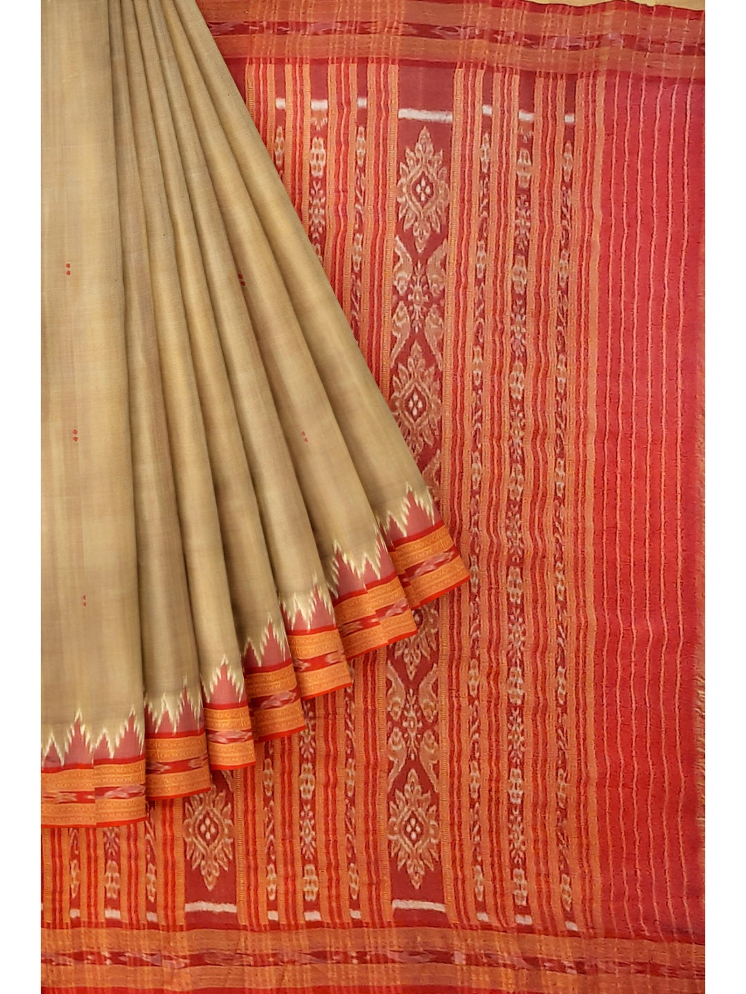 Beige with Red Odisha Khandua Pata Silk Saree