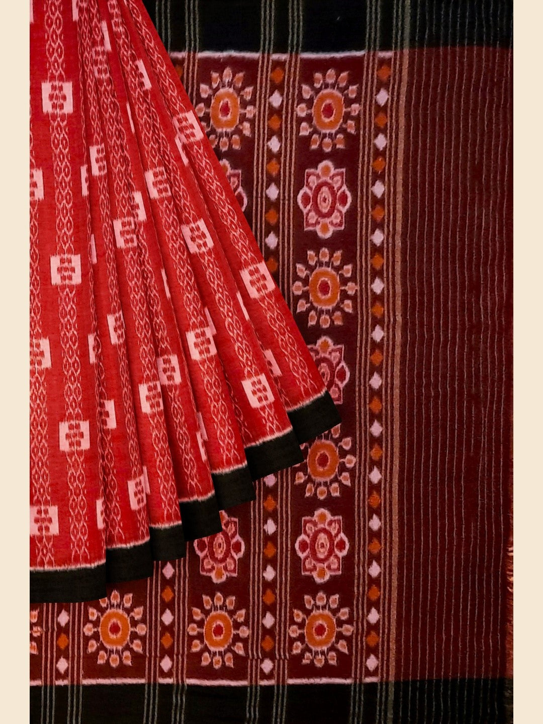 Red with Black Cotton Odisha Ikat saree  with mix match cotton ikat blouse