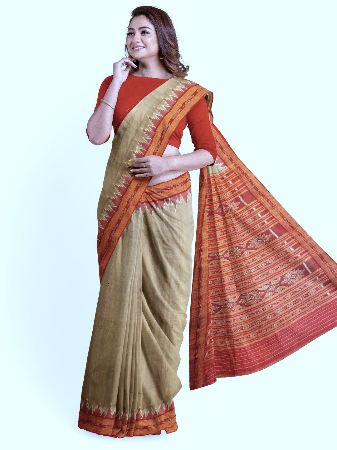 Beige with Red Odisha Khandua Pata Silk Saree