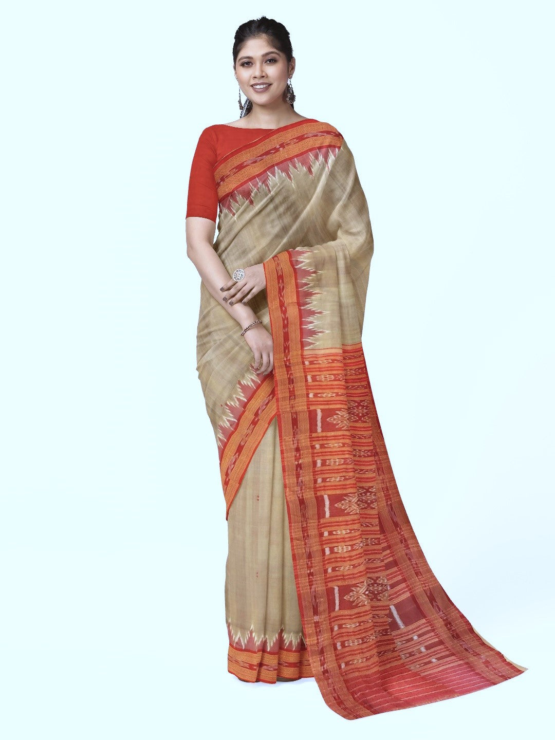 Beige with Red Odisha Khandua Pata Silk Saree